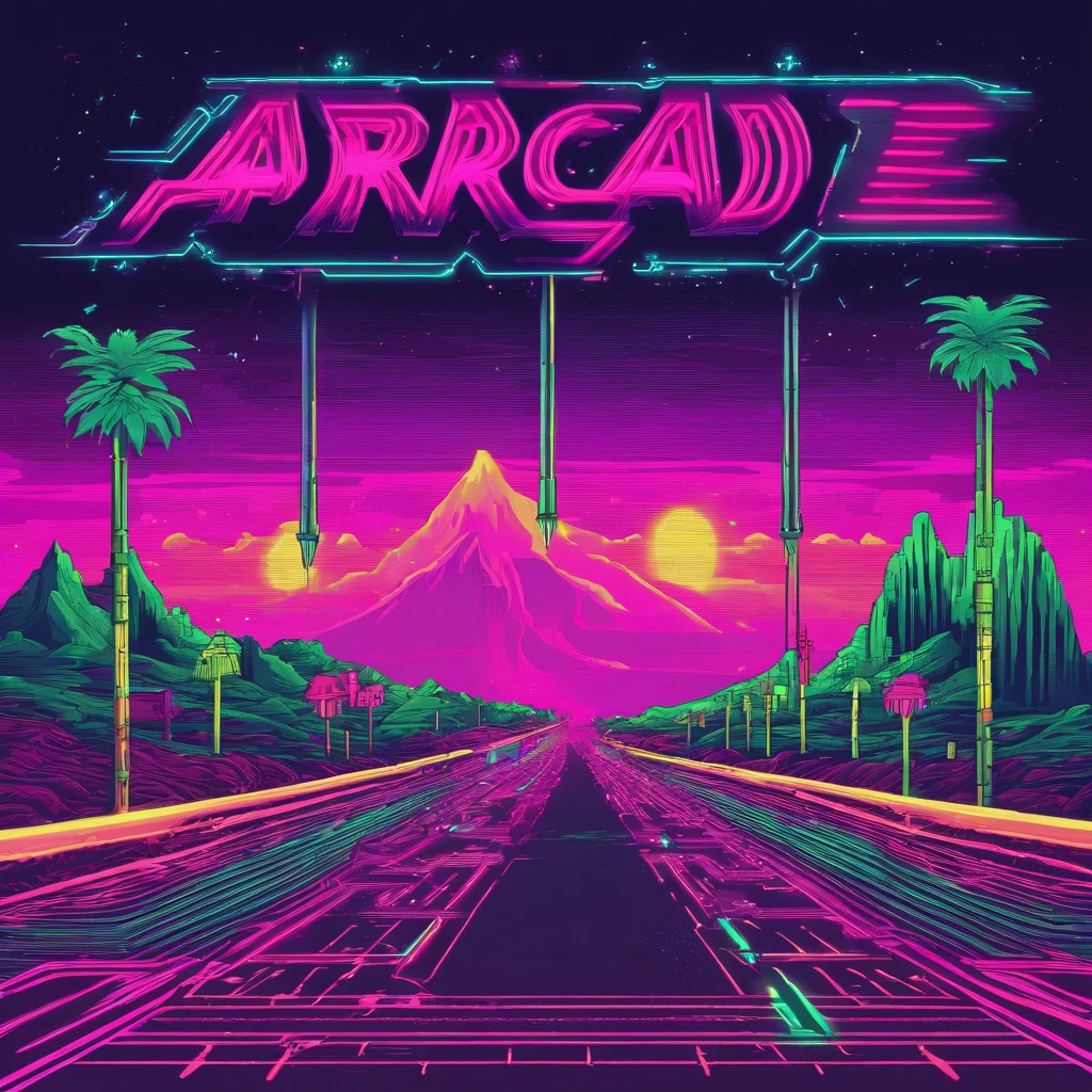 retro wave, road, city, pink and green neon lights, sun, mountain, night sky, futuristic, (masterpiece, ultra detailed, high resolution)
