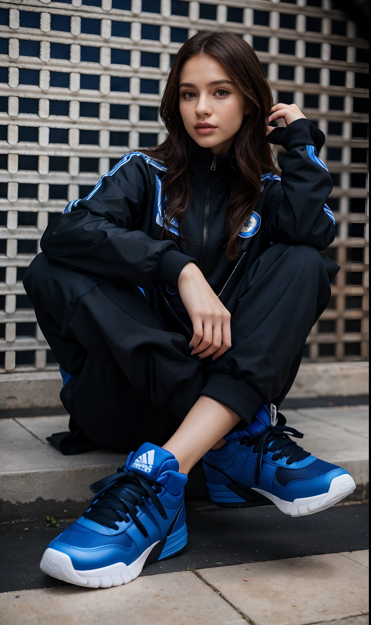 Arafed woman sitting on the floor in a black and blue outfit, preto e azul, azul e preto, sneaker photo, blue footwear, Fotografia de uma mulher techwear, 2 mulheres techwear, Retrato Sophie Mudd, wearing a tracksuit, Azul escuro e nas proximidades, Retrato no meio da foto, wearing a track suit, Estilo de Julia Razumova