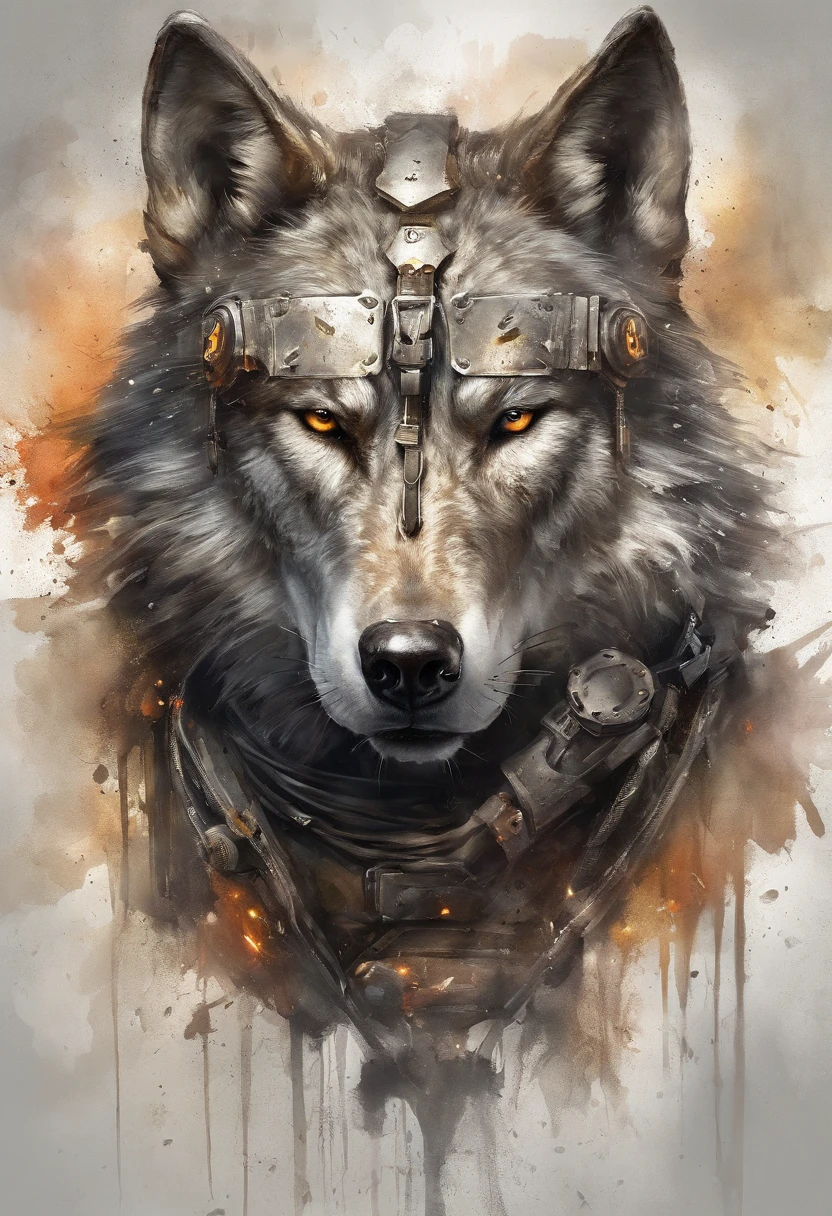 最高品質, dramatic light, Scary gestures., Fierce expression, Epic atmosphere, (((Wolf head helmet))), (((full-body-shot))),Metal wolf, Cyborg, Cyberpunk Style, machine, ((intricate detailed)), HDR, ((intricate detailed, hyperdetailed)), Incandescent lamps, cinematic shot, vignette, Beckground bokeh effect, (FANG), (full-body-shot).