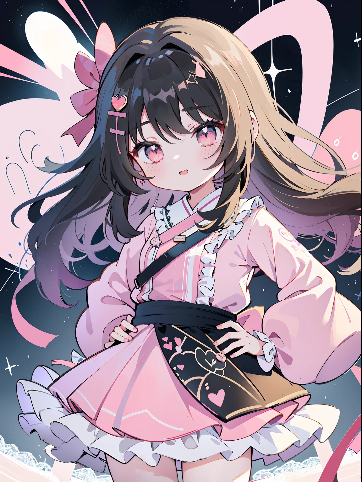 azhiichigo style，big eyes, thick lines, cute,,uekura.KoiKo,,upper body,.\(Style\):kawaii style,,..\(Composition\):\1girl,,..\(Appearance\): Consistency,naughty face,smile,wavy hair,dark hair,crimson eye,..\(Clothing\):,(Clothes with lots of frills, lace and ribbons:1.2),(pastel color style:1.1),hand on hip,cheeky face,white and pink clothes,white and pink shoes,,..\(Behavior\):,..\(Location\): (surround,heart-shaped gem, starry heart),,..\(Quality\): best quality,masterpiece,,.,