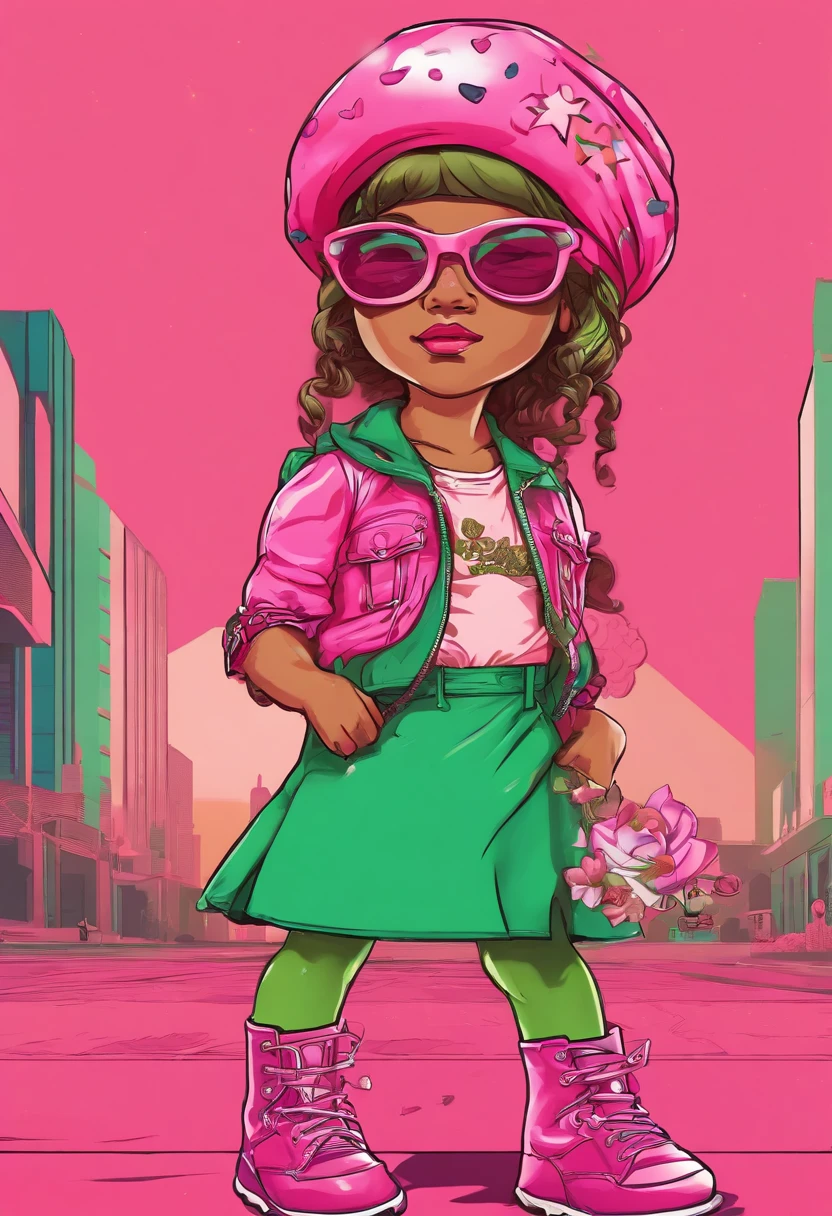 Generate artwork , vitromorfismo, menina, 6 anos, coque duplo, fone de ouvido rosa, vestido vermelho, botas brancas, olhos verdes