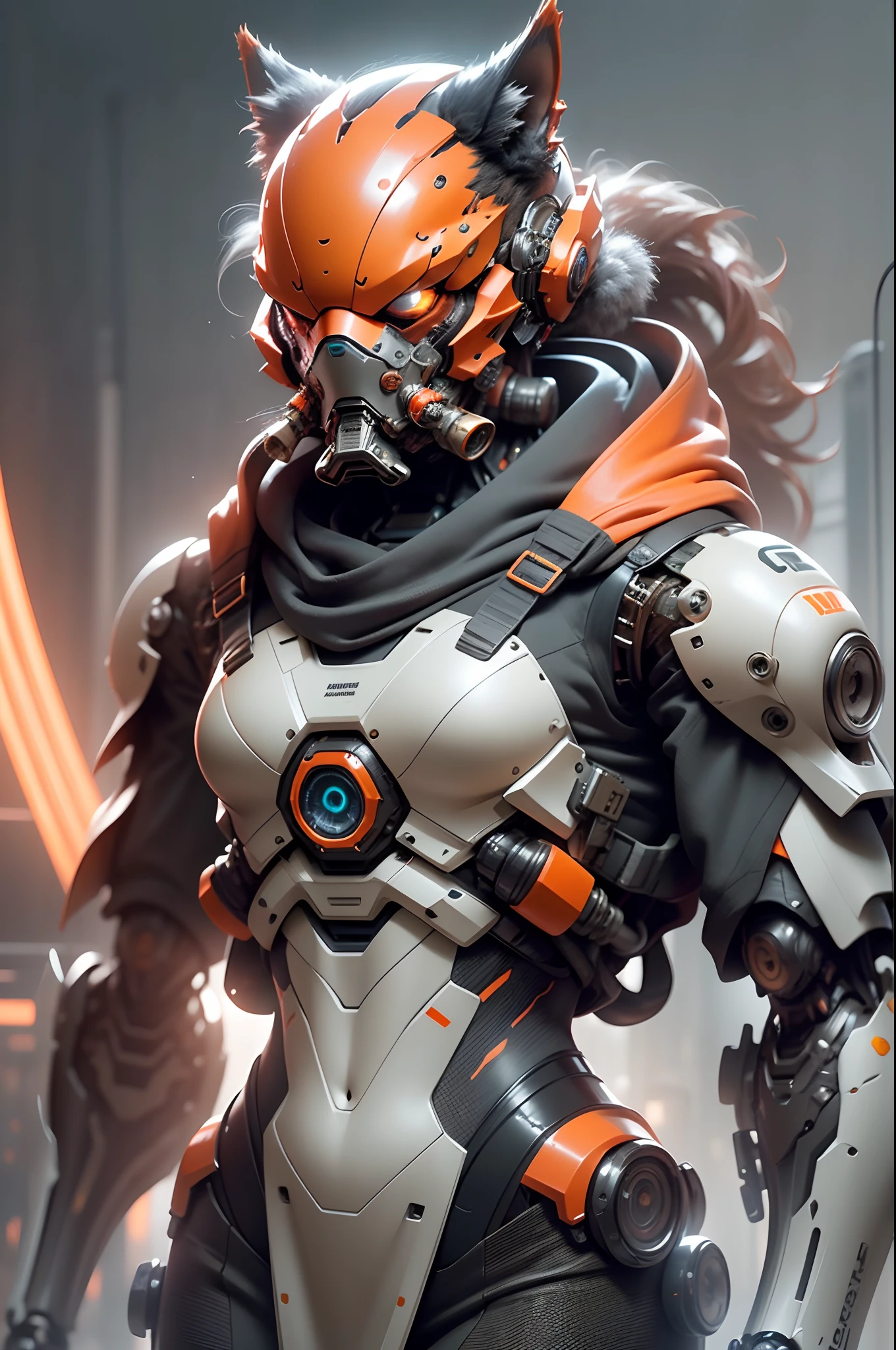 realistic orange cat wearing biohazard gas mask, futuristic gas mask, mecha helmet, biohazard logo, tactical techwear, humanoid nano suit, neat and nice character design, vibrant color palette, dramatic lighting, highly detailed fur and eyes, 3D rendered illustration, high-res masterpiece:1.2, sci-fi concept art