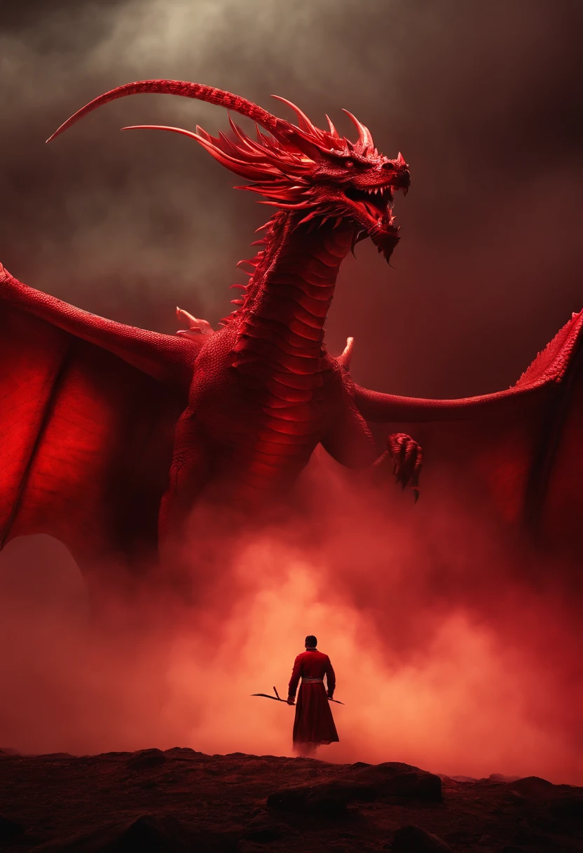 A fierce man，There is a red steaming dragon-shaped mist around the body，Charge forward，k hd