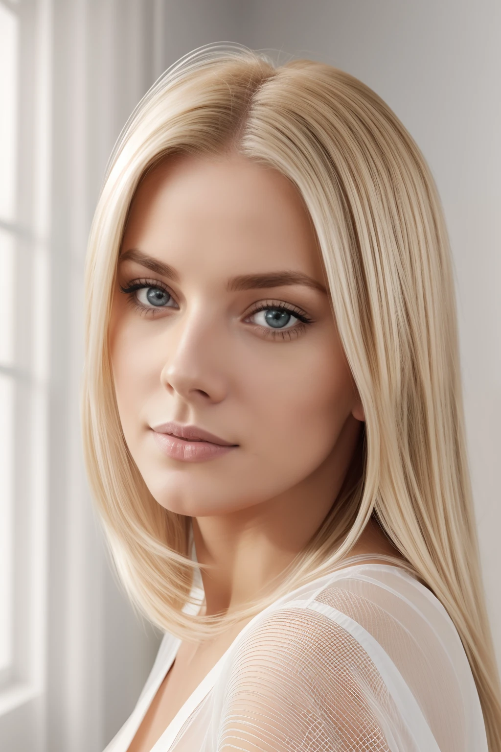 Junge sexy Frau, blonde lange Haare, Im Bett liegen, hochgestecktes Haar, He wears a semi-transparent white tunic, soft portrait shot 8 k, 8 K sinnliche Beleuchtung, Realistische weiche Beleuchtung, glatte rosa Haut, Fotorealismus 8K