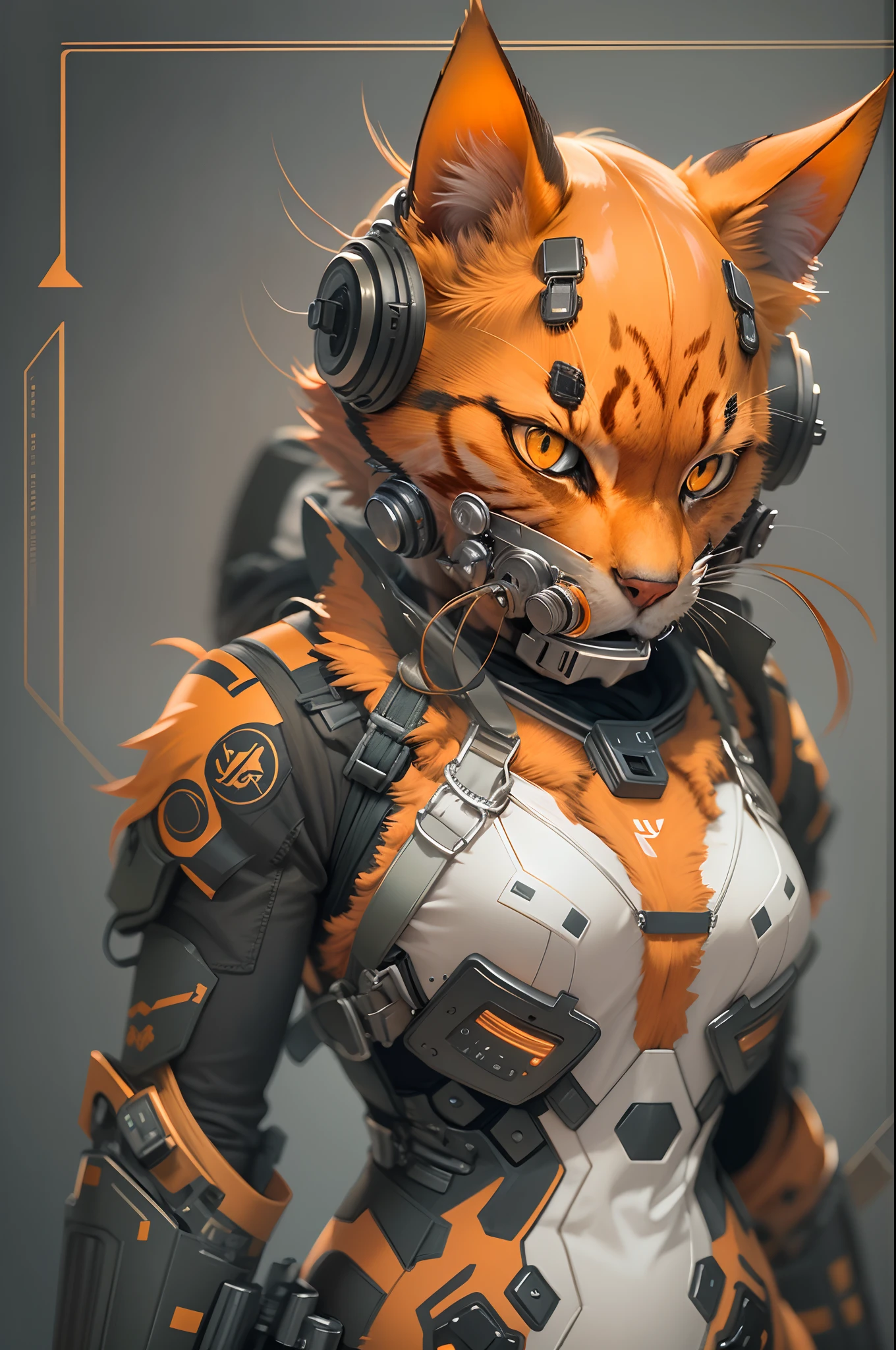 realistic orange cat wearing biohazard gas mask, futuristic gas mask, biohazard logo, tactical techwear, humanoid nano suit, neat and nice character design, vibrant color palette, dramatic lighting, highly detailed fur and eyes, 3D rendered illustration, high-res masterpiece:1.2, sci-fi concept art