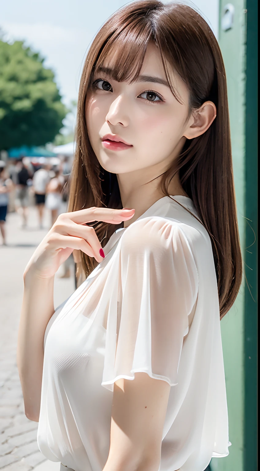 1womanl, up of face, mideum breasts, light brown hair, Blunt bangs, hair behind ear, hair over shoulder, Long hair, slender body shape, Ultra Fine Face, Thin face, Delicate lips, Beautiful eyes, thin blush, eyes are light brown, perfect glossy skin, flawless skin, Glistening sweat,View here, Ultra-thin hands, Ultra-fine fingers, best ratio four finger and one thumb, (realisitic:1.3), Finger Extensions, See-through white blouse. An amusement park, One-person viewpoint, Fuji Film, F/1.2, 8K, masutepiece, nffsw, Super Detail, High quality, Best Quality, hight resolution
