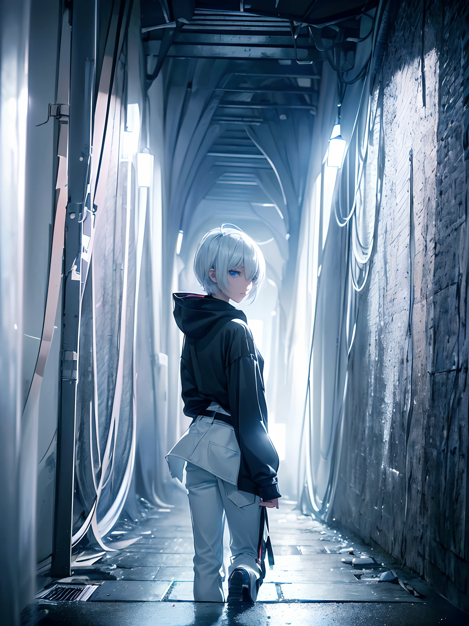 ((4K works))、masterpiece、(top-quality)、One Beautiful Girl、Slim body、tall、((Black Y-shirt and white pants、Charming street style))、Please wear one jacket、Wearing a hood to hide his face、(Detailed beautiful eyes)、Midnight Walk、During the walk、((In a dark tunnel at midnight))、saddened、suffocating、desolate、solitude、((Pitch black night road))、((Face similar to Carly Rae Jepsen))、((Short-haired white hair))、((Smaller face))、((Neutral face))、((Bright blue eyes))、((American adult women))、((Adult female 26 years old))、((cool lady))、((Like a celebrity))、((Korean Makeup))、((elongated and sharp eyes))、((Happy dating))、((boyish))、Professional Photos、((Shot alone))、((He is on a walk))、((He is walking in front of the viewer))、((Shot so that the back of the head and back are visible))、((photographed from the back))、((He is looking forward to.、I can't see my face))、horor、Photos of sadness