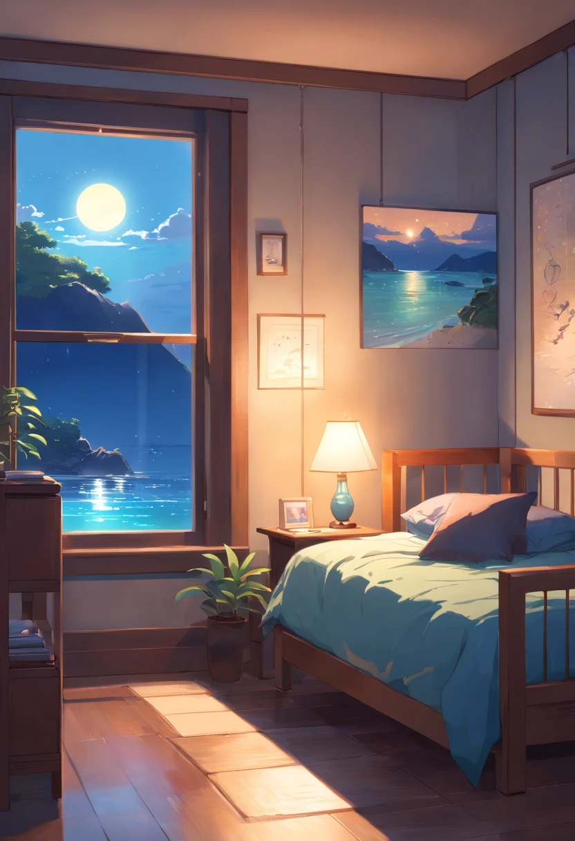 (Best quality,highr:1.2),Fotorrealista,stickfigure,anime big breast,Cute little sea otter,(natta,Moonlight poured in from the little sea otter's bedroom window,Illuminated a corner of the room)
