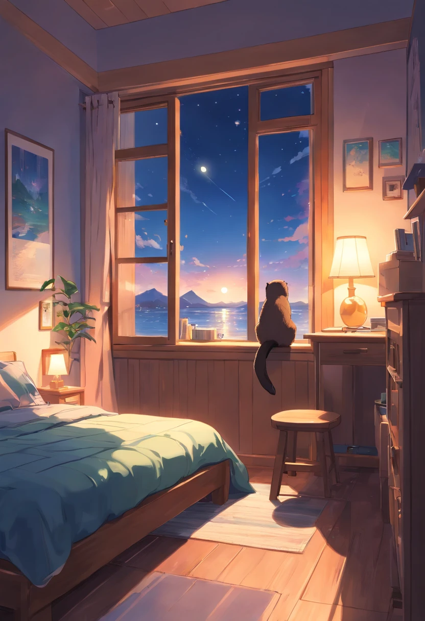 (Best quality,highr:1.2),Fotorrealista,stickfigure,anime big breast,Cute little sea otter,(natta,Moonlight poured in from the little sea otter's bedroom window,Illuminated a corner of the room)