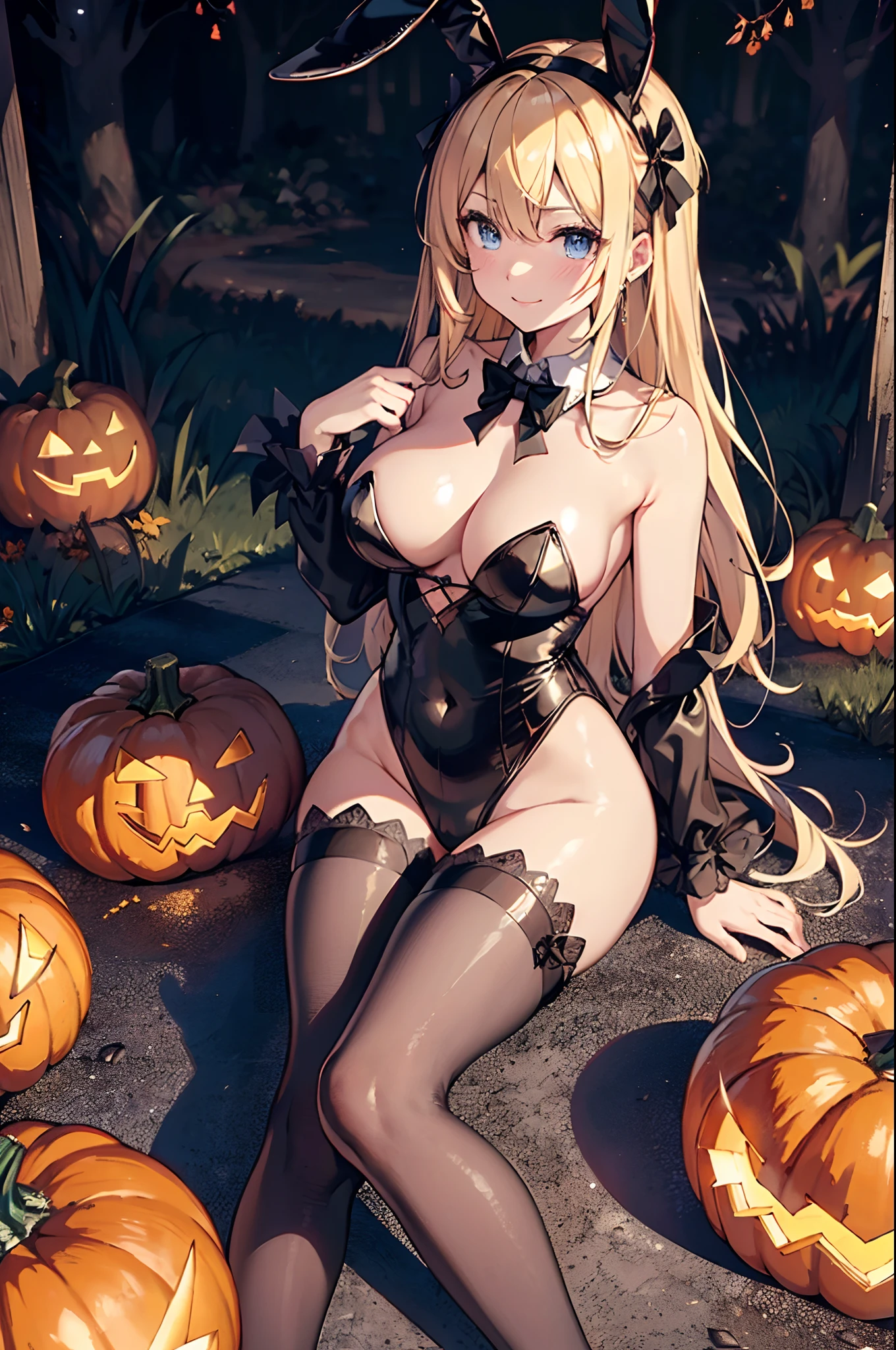 (Official art、Best Quality、Unity 8k Wallpapers、32K、masterpiece、ultra-detailliert、超A high resolution、realisitic、Photorealsitic:1.2)、(Cinematic lighting:1.2)、Fireglow effect、film grains、Best Shadows、(Ultra-detailed and complex 3D rendering)、Detailed beautiful face and eyes、A slender、Medium bust、(Full body:1.2)、 Highly detailed background、(super detailed skin、detailed skin textures:1.3)、(Close-up of a group of carved pumpkins in the park, jack-o-lanterns, Pumpkin glowing under the tree, Halloween atmosphere, Halloween Scene, jack - o'- lantern, pumpkins, Evil spirits walk around with lanterns, halloween celebration, Halloween, Spooky and scary atmosphere, halloween theme, Halloween Decorations, halloween night, shutterstock, trick or treat, edited)、shinny skin, 20-year-old beauty、Beautiful wavy platinum blonde hair、 Blue eyes、beauitful face、Playboy Bunny Girl、High-cut leotards、a bow tie、Cuffs、Wearing fishnet stockings、Black rabbit ears、With a rabbit tail in the ass,,、Smiling smile、Holding a haunted pumpkin in both hands