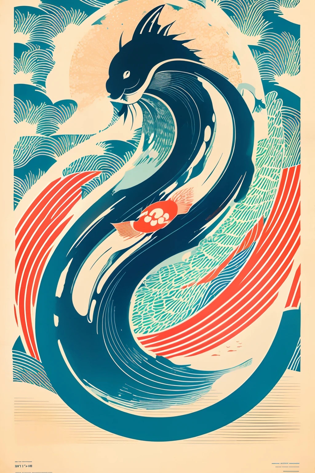 The image of carp, the significance of transformation, exquisite poster design, minimalist style, Ukiyoe