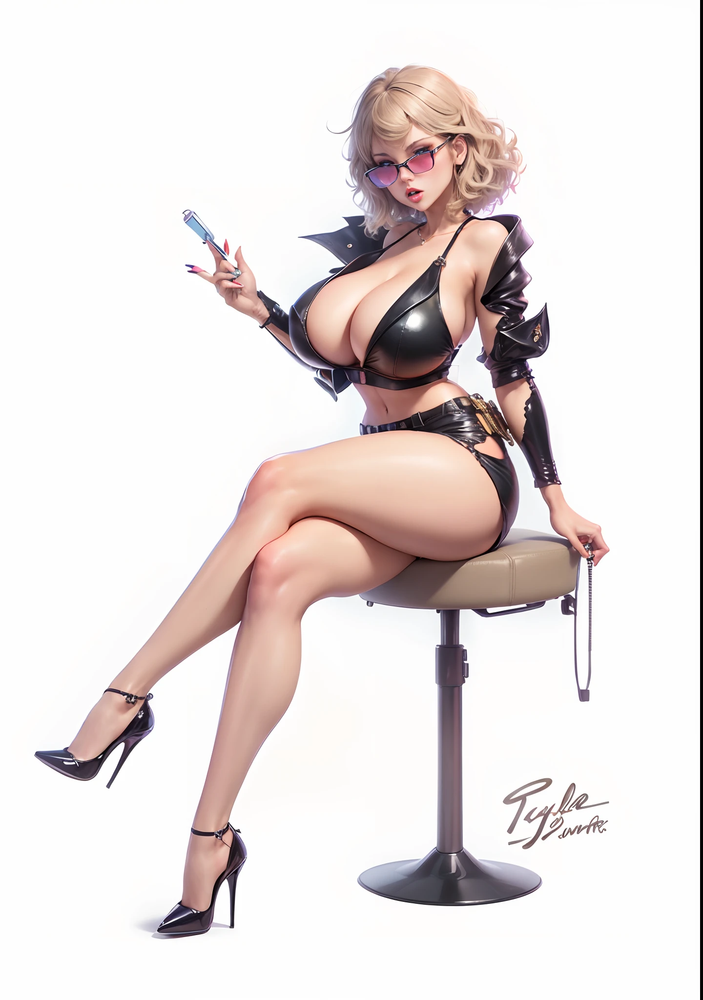(ultra-detailed) Taylor swift, office, mini shorts, huge boobs, soft lighting, huge lips, sexy legs, very high heel pumps, black pixie cut, ahegao, looking at viewer, portraits, vivid colors, warm tones, bokeh,sunglasses,