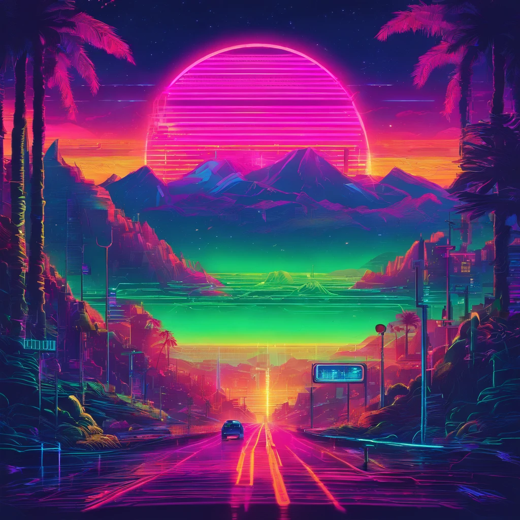 retro wave, road, jungle, darkblue and green neon lights, sun, mountain, night sky, futuristic, (masterpiece, ultra detailed, high resolution)