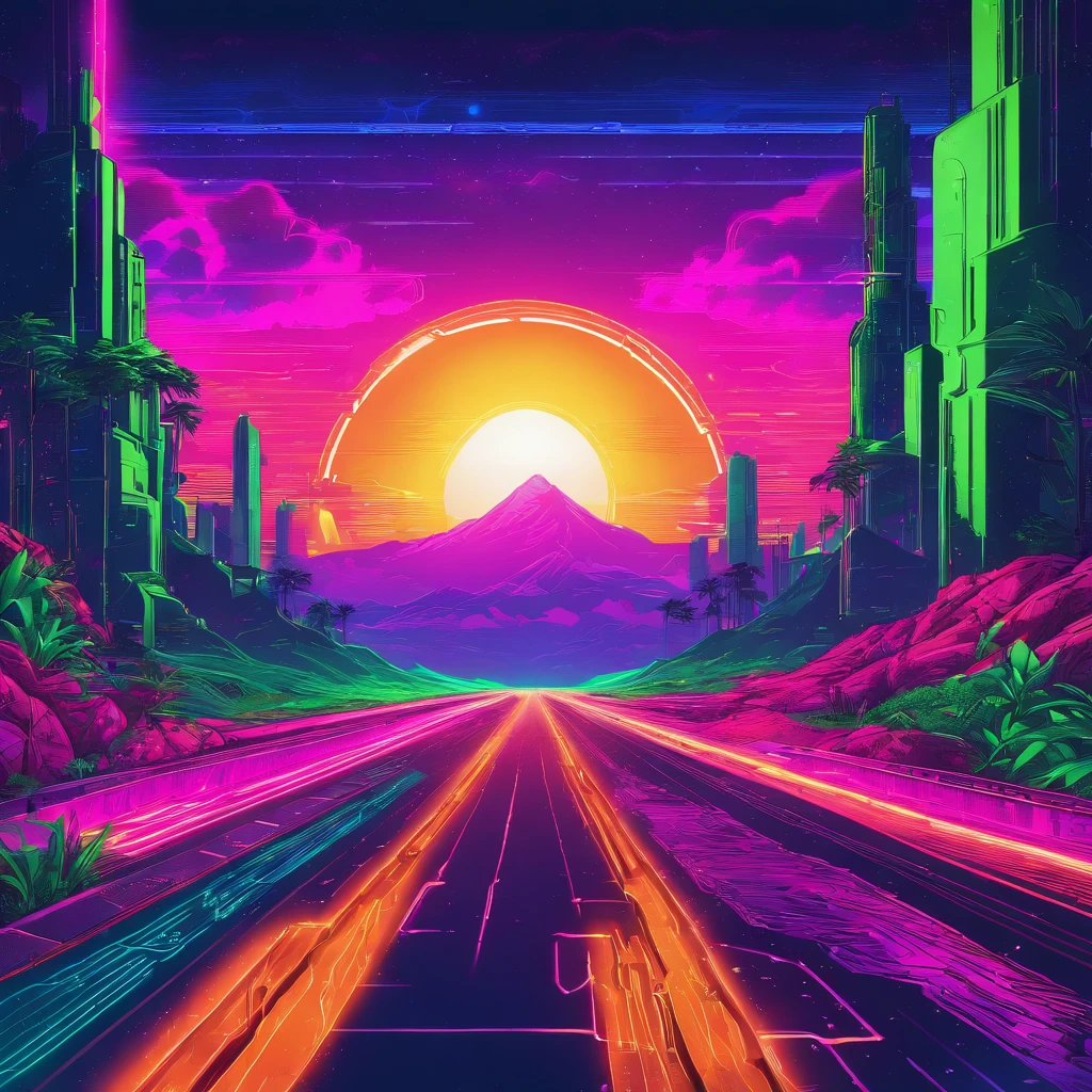 retro wave, road, jungle, darkblue and green neon lights, sun, mountain, night sky, futuristic, (masterpiece, ultra detailed, high resolution)