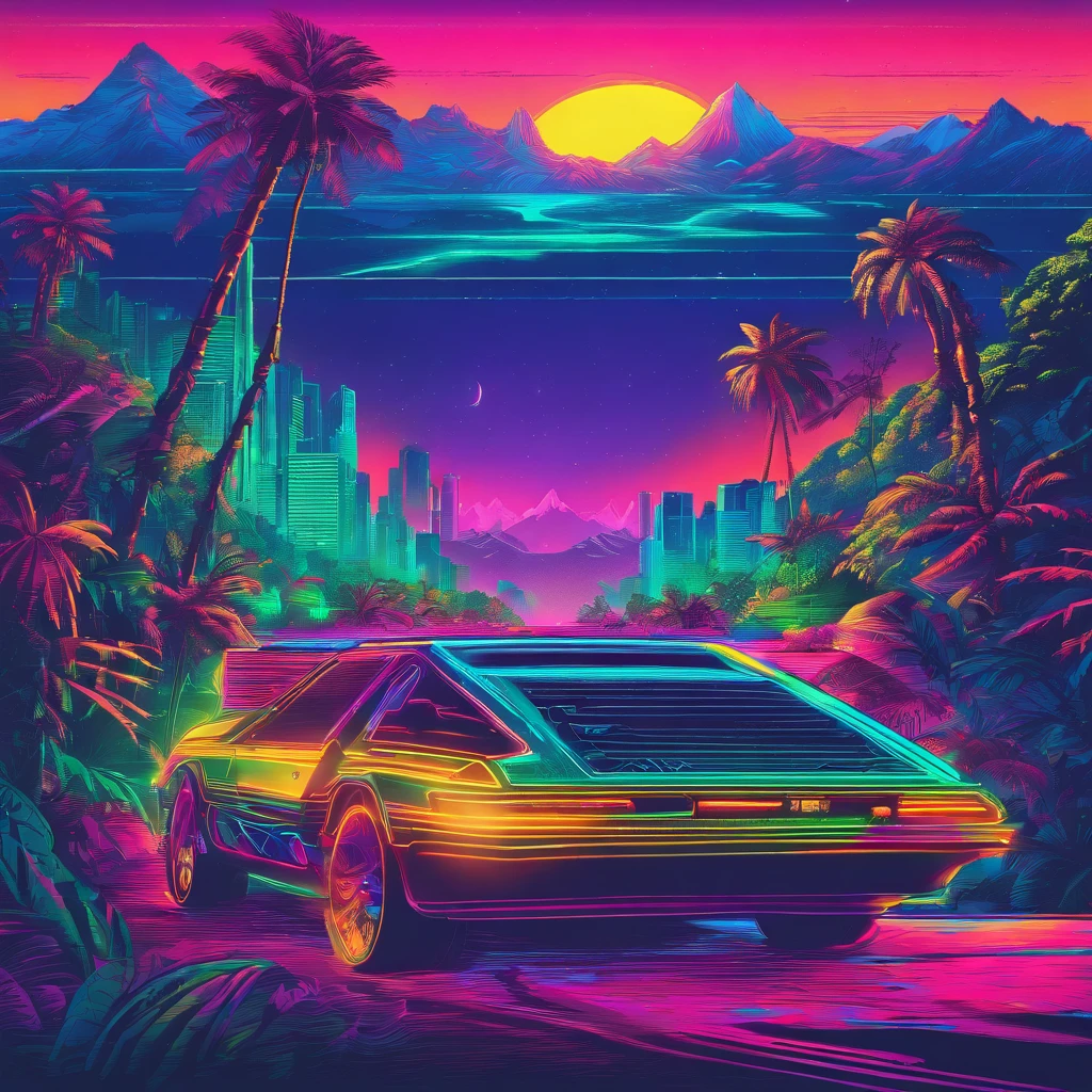 retro wave, road, jungle, darkblue and green neon lights, sun, mountain, night sky, futuristic, (masterpiece, ultra detailed, high resolution)
