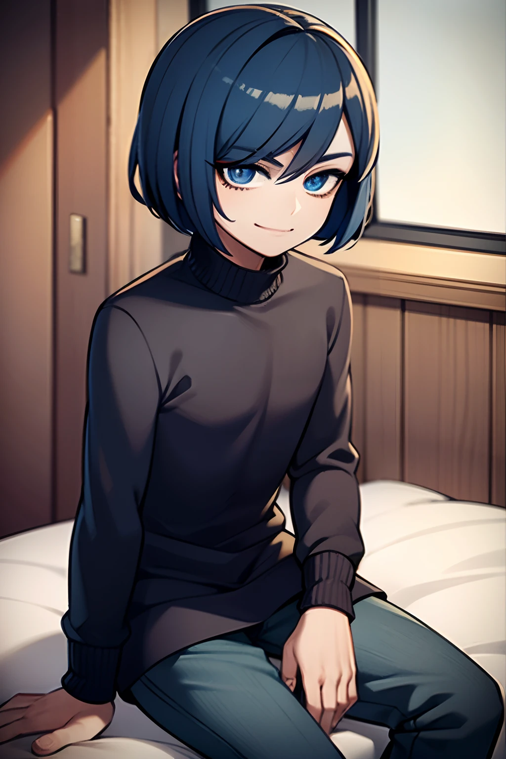 young man, male traits, bob haircut, blue hair, black sweater, blue moletom pants, 4k, In a room, Sit on the bed, brown wooden walls, 4k, rain on the window in the background, distracted smile face ,