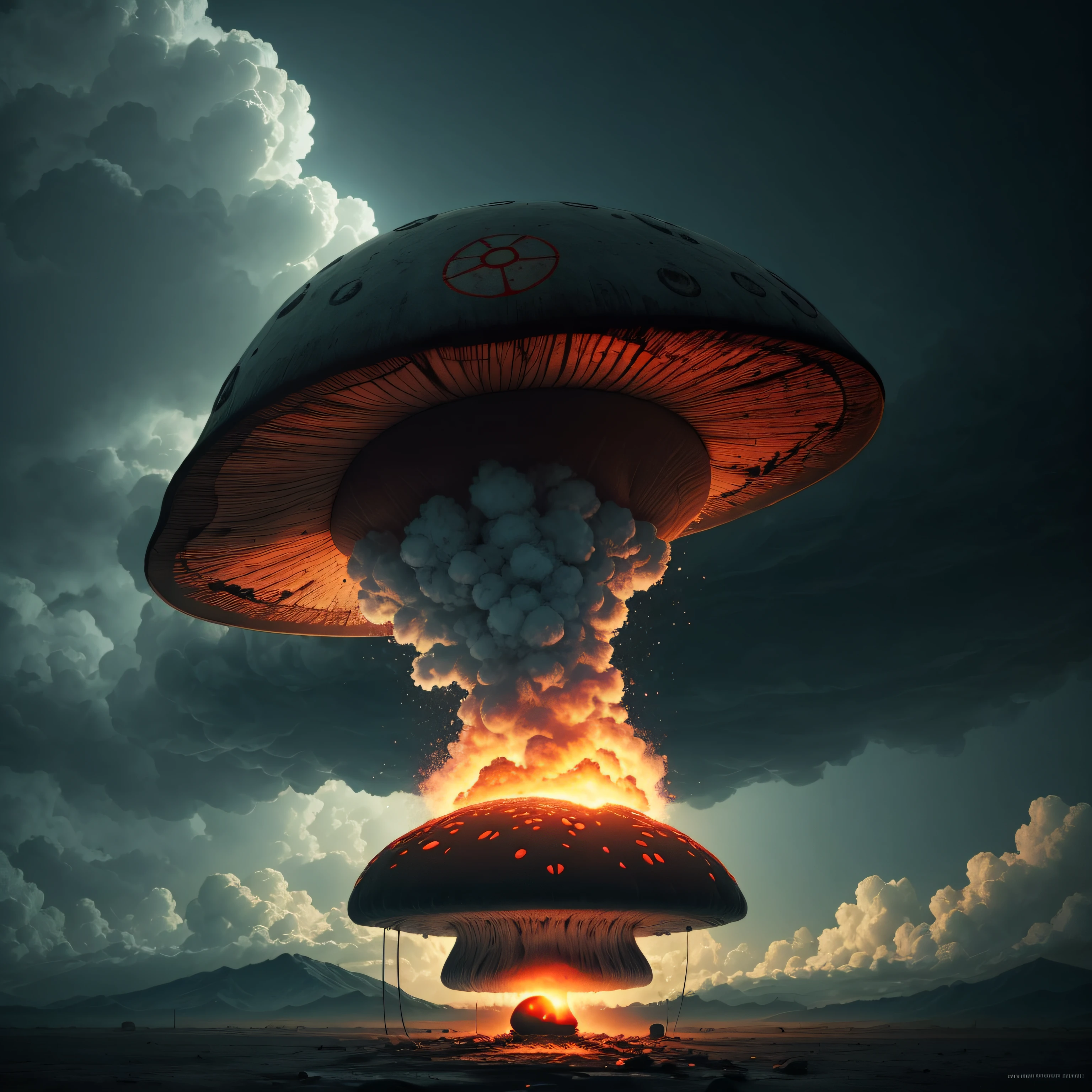 Mushroom cloud from explosion, photo right in the middle, hyperrealism, Unreal Engine, cinematic lighting, ultra HD, super detail --auto --s2