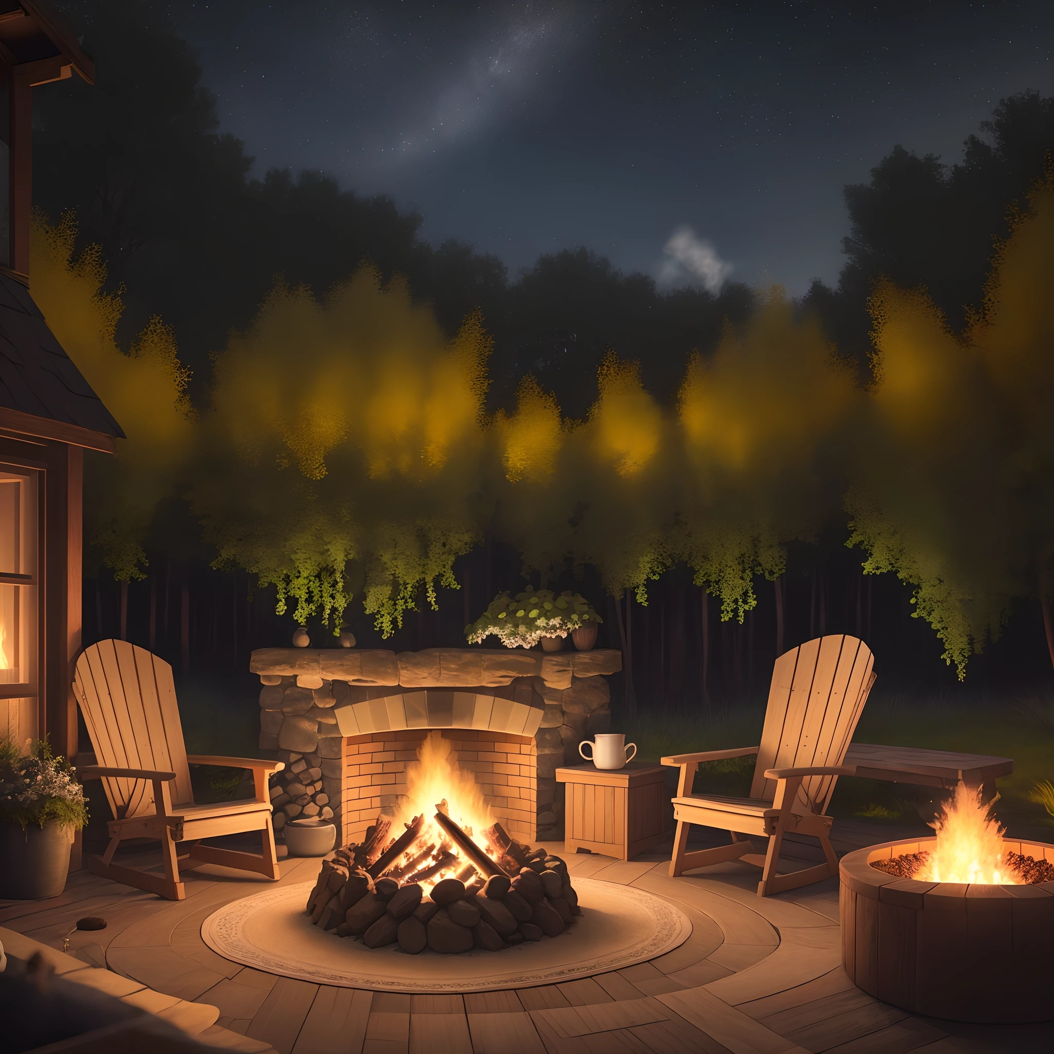 Immerse yourself in the magic of a winter's night where the sky is adorned with a tapestry of shimmering stars. Beneath this celestial display, a field of lush green unfurls, offering a sense of tranquility. Amidst this natural beauty, a crackling bonfire casts a warm, inviting glow, with comfortable chairs encircling it. Wooden coffee tables adorned with steaming mugs of comfort beckon you to unwind and savor the moment. The air is filled with the aroma of contentment, where the elements of nature and human coziness intertwine in a breathtaking and serene tableau."