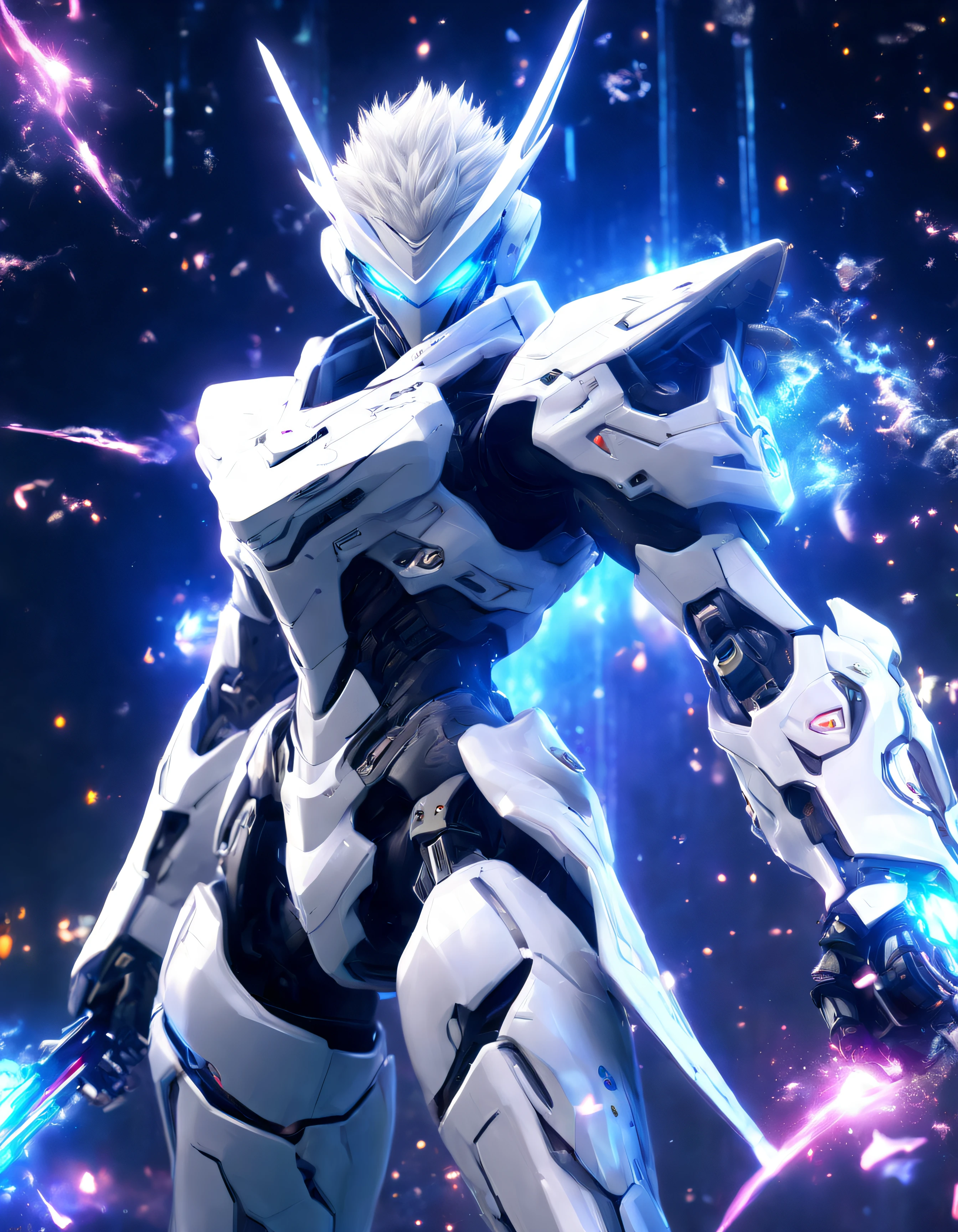 absurdres, highres, ultra detailed), masterpiece, best quality, a boy in a white jacket, holding a sword, solo, handsome, short hair, white hair, detailed face, combat stance, attack pose, wielding sword pose, abstract background, swirl, spark, magic vortex, ((Best quality)), ((masterpiece)), (highly detailed:1.3), 3D, beautiful, (cyberpunk:1.2), in space, nebula, holding_weapon, (1Female mecha:1.3), facing the viewer, glowing eyes, full body, (flying, swooping down, dynamic, motion blur: 1.4), (huge mecha wings: 1.6), looking up, glowing_eyes, mecha, panorama, background is earth, nebula, space, particles, reality, HDR (High Dynamic Range), Ray Tracing, NVIDIA RTX, Super Resolution, Unreal 5, Subsurface Scattering, PBR Texturing, Post Processing, Anisotropic Filtering, Depth of Field, Maximum Clarity and Clarity, Multilayer Textures, Albedo and Specular map, Surface shading, accurate simulation of light-material interaction, perfect proportion, Octane Render, two-tone lighting, large aperture, low ISO, white balance, rule of thirds, 8K RAW, efficient sub-pixel, sub-pixel convolution,