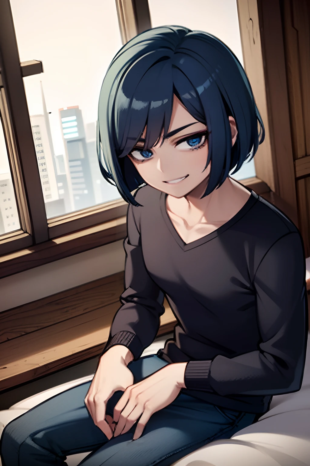 young man, masculine, bob haircut, blue hair, black sweater, blue pants, 4k, In a room, Sit on the bed, brown wooden walls, 4k, rain on the window in the background, distracted smile face ,