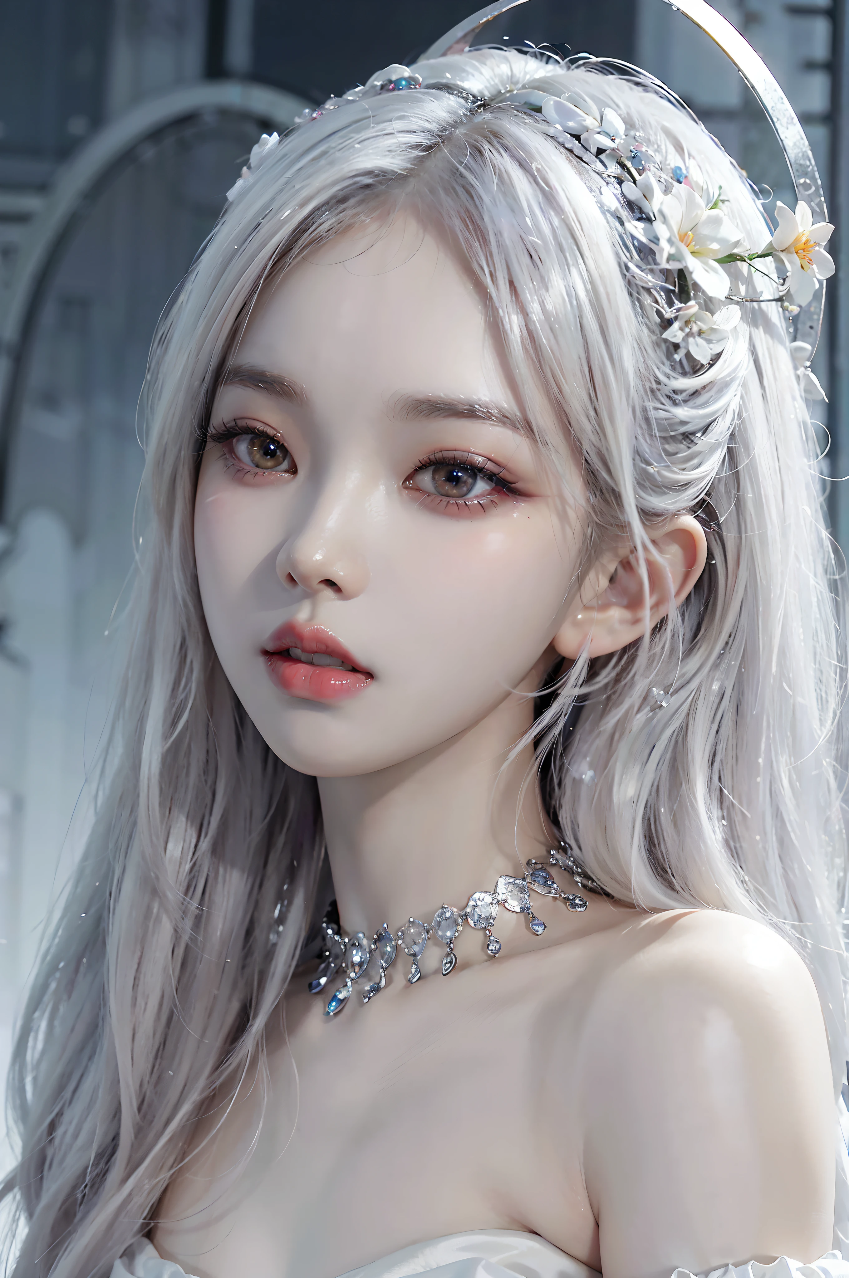 (ultra-detailed, highres,8K,professional),beautiful detailed eyes,beautiful detailed lips,extremely detailed eyes and face,longeyelashes,1girl,pale ghostly girl,white porcelain skin,soft portrait photography,red lips,white dress,white hat,Guweiz style artwork,pale young ghostly girl,white porcelain skin,created by: Russell Dongjun Lu,subtle milky white porcelain skin,elegant lady with porcelain skin and fairy tale-like features