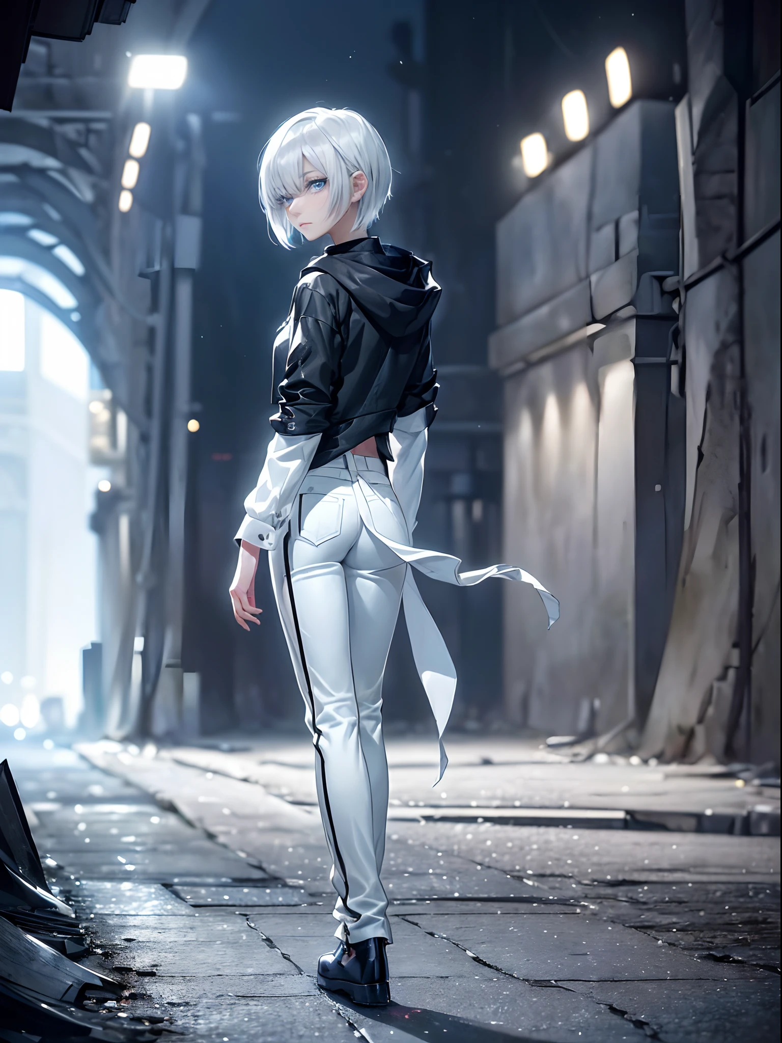 ((4K works))、masterpiece、(top-quality)、One Beautiful Girl、Slim body、tall、((Black Y-shirt and white pants、Charming street style))、Please wear one jacket、Wearing a hood to hide his face、(Detailed beautiful eyes)、Midnight Walk、During the walk、((In a dark tunnel in the middle of the night))、saddened、suffocating、desolate、solitude、((Pitch-black tunnel))、((Face similar to Carly Rae Jepsen))、((Short-haired white hair))、((Smaller face))、((Neutral face))、((Bright blue eyes))、((American adult women))、((Adult female 26 years old))、((cool lady))、((Like a celebrity))、((Korean Makeup))、((elongated and sharp eyes))、((Happy dating))、((boyish))、Professional Photos、((Shot alone))、((He is on a walk))、((He is walking in front of the viewer))、((Shot so that the back of the head and back are visible))、((photographed from the back))、((He's looking forward.、I can't see my face))、((He walking in a distant place))、horor、Sadness photo