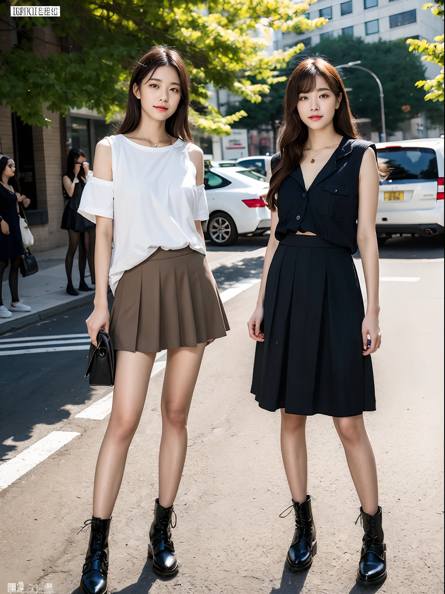 (RAW photo:1.2), (Photorealistic:1.4),Beautiful detailed woman,very detailed eyes and faces, A detailed eye, ultra - detailed, A high resolution, The is very detailed,best qualtiy,illustratio,unified,8k 壁纸,tmasterpiece,best qualtiy,1 group of girls standing side by side，full bodyesbian, 1girll，Solo，Stylish clothes，a skirt，pleatedskirt，long whitr hair，Boots，jewely，full bodyesbian，brown  hair，Fashionab，Black shoes，耳Nipple Ring，standing on your feet，with brown eye，realisticlying