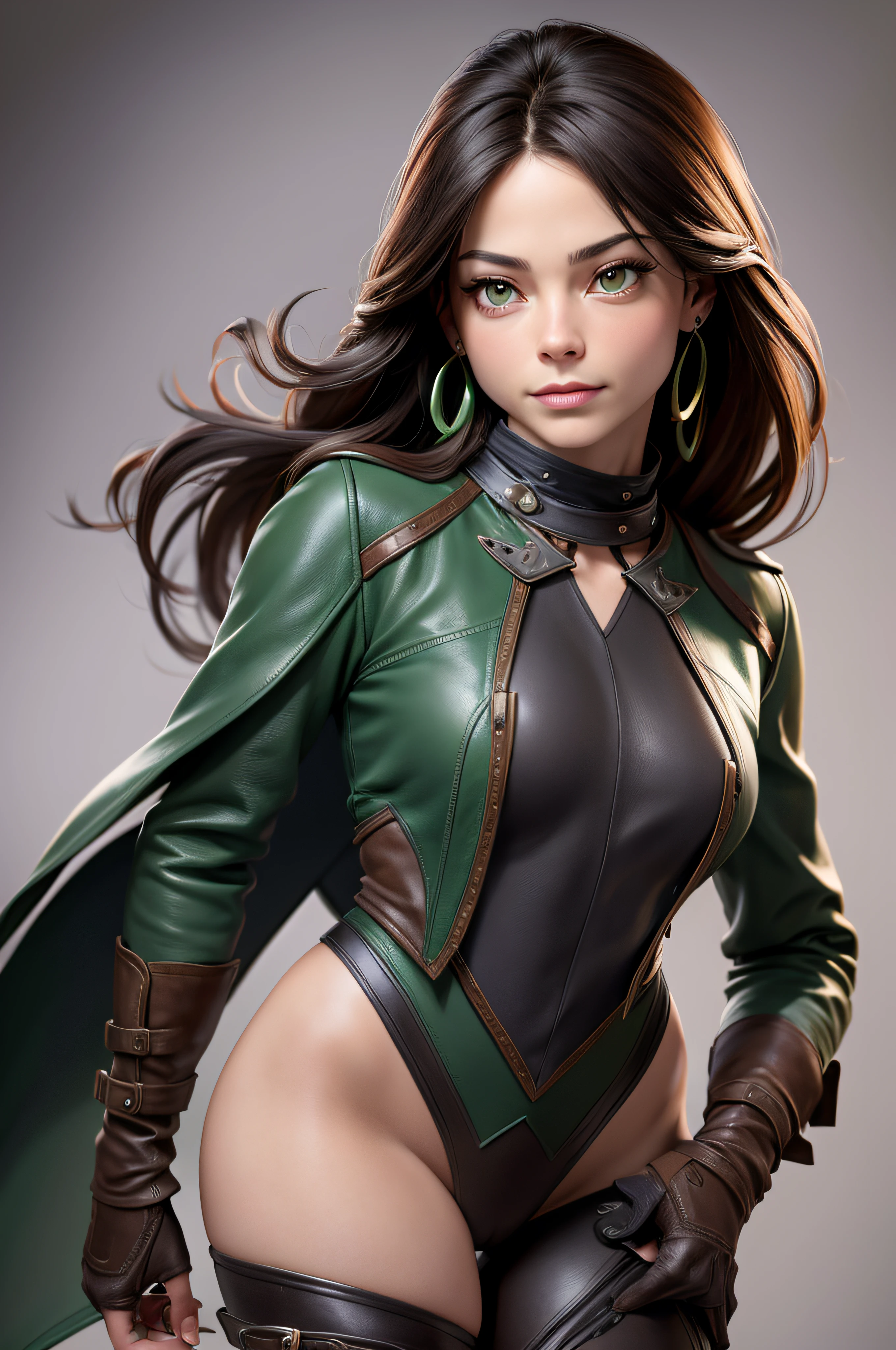 Kristin Kreuk avec queue de cheval, Yeux verts, Portrait complet du corps, Femdom Clothed in Green Leather, bottes en cuir, earrings, Collier pour chien, gros seins, décolleté, Taille fine, gros cul, Femme attirante et chaude, realistic image, lust, detailed skin, face detailed, hyper realistic, posant pour l'appareil photo, Professional model, DSLR photo shoot.