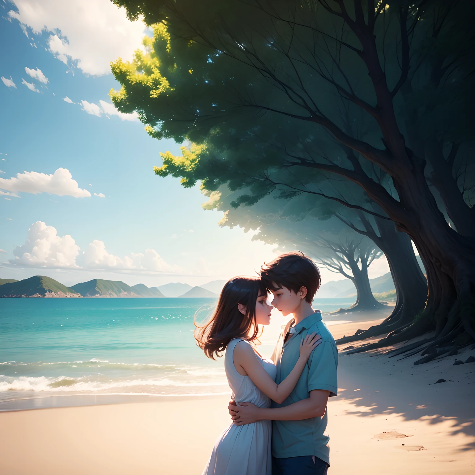 A boy and girl hugging at beautiful place animated 4k photo