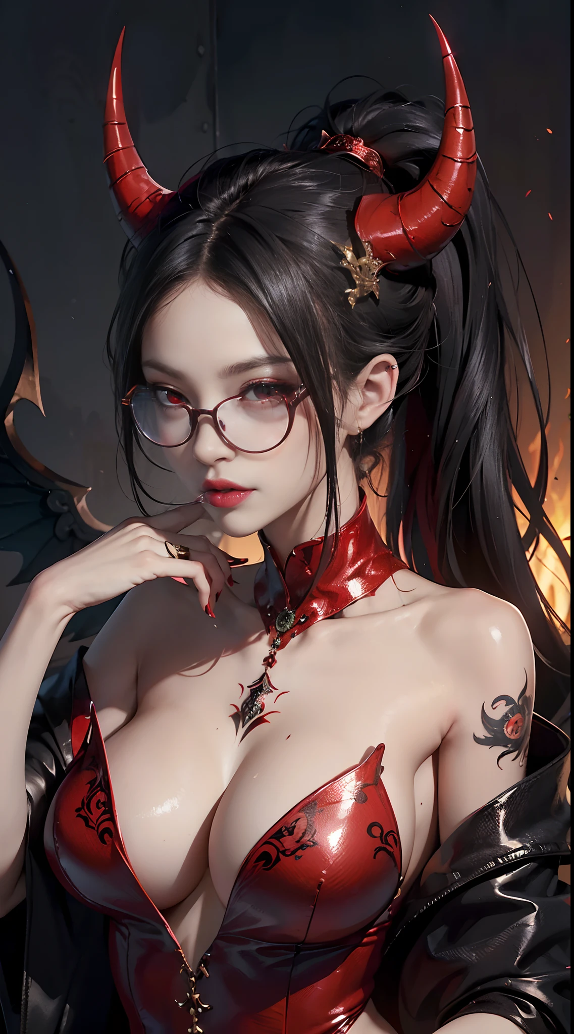 Fine、(The best illustrations)、8k UHD resolution、intricate-detail、top-quality、realisitic、ultra-detailliert、The best lighting、Best Shadows、Soft lighting、Ulutra HD、1 beautiful devil woman from hell, surreal female portraits by David Hockney and Alphonse Mucha, Fantasy Art, Chinese Doll、Dungeon and Dragon、Devil's Palace、Devil's Torture Chamber、magia、 A Necromancer、natta、Dark style、Succubus、Devil's Daughter、Bat Wings,(((Demon Horns)))、((((black-rimmed round glasses))))、(((Colossal tits)))、(Devil's Tail)、(red eyes glowing:1.6)、 intricate tattoos, demonic intricate tattoos, thigh tattoos, body tattoos, masterpiece、beautiful countenance、Muscular seductive body、The enchanting body of the devil、Seductive Black Magic Costume、A shiny red snake is wrapped around her hand、Tindall Effect、photos realistic、(High Detail Skins:1.2)、 (Intricate details, makeup, pureerosface_v1:0.5), (Detailed beautiful delicate face, Detailed beautiful delicate eyes, A perfectly proportioned face, High detailed skin, Detailed skin, best ratio four finger and one thumb, arms below breasts, Tattoo with a red glow under the stomach、Awesome awesome, wide hips, smooth midriff, skiny and thin, __Fashion__, __hair__:1.25)、Digital SLR、hightquality、a picture、hight resolution、 absurderes、Ponytail distortion、1人、Red sparkling gemstone necklace、jewely、Beautiful expression、Body Up、Large breasts emphasis、Toned waist、Wide buttocks、Devil's Tail、intricate tattoos, demonic intricate tattoos, thigh tattoos, body tattoos, effect、Photorealsitic、(High Detail Skins:1.2)、In the Dark, lowkey, cowboy lens, (Black Phoenix Dress: 1.0), Seductive Black Magic Costume、Long hair, Black hair, Bust, Devil's Palace, devil crown, red eyes make up very sharp and detailed, The most beautiful face, Super tight breasts, Breast augmentation surgery, The breasts are very big and round and round, Black magic costume、Super realistic , Charming smile, The eyes are very well made up, ((Red Eye:1.0)), guweiz, devil style,Muscular seductive body、 wearing black m