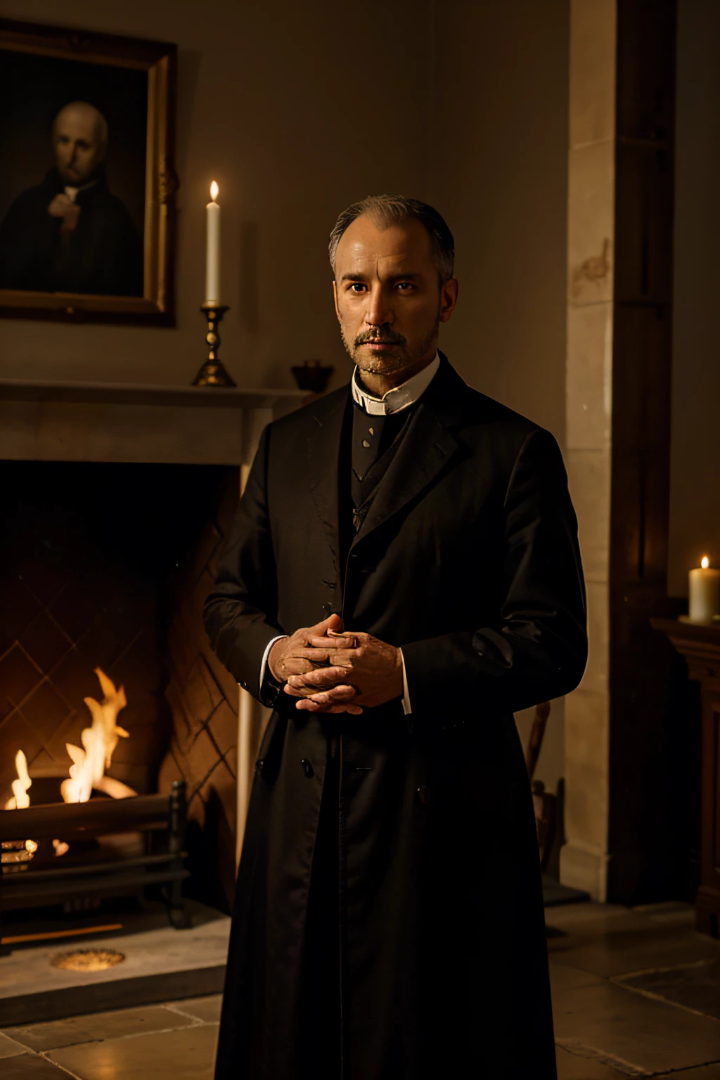 criar imagem de St. Alphonsus Maria de Liguori standing in front of him, with his eyes open, hands clasped together and standing in a room with a fireplace