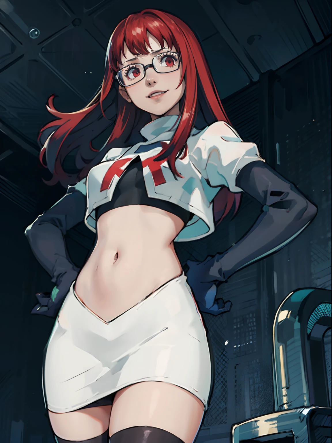 face of Yoshizawa Sumire, long hair, glasses, 1girl,team rocket,team rocket uniform, red letter R, white skirt,white crop top,black thigh-highs,black elbow gloves, looking down on you, sinister smile, hands on hips, looking at viewer, evil laugh