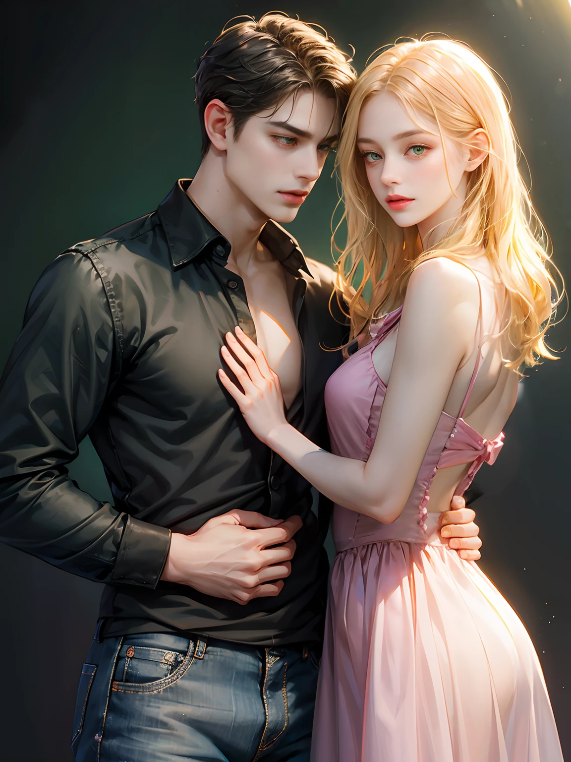 The boy has green eyes. He looks at the girl