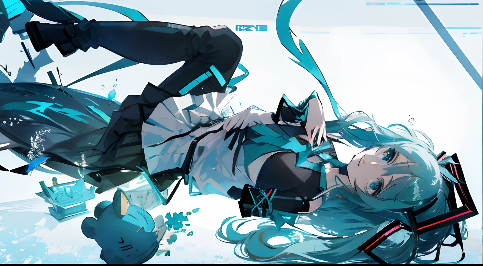 Illustration, UHD, retina, masterpiece, accurate, anatomically correct, super detail, high details, high quality, award winning, best quality, highres, good anatomy, 1080P, HD, 4K, 8k, 16k, 1girl, dynamic pose, androgynous, detailed eyes, detailed clothes, detailed hair, rendering, strands of hair, cute waifu, hatsune miku, on the right of the screen, smiling, teal hair, blue eyes, detached sleeves, grey shirt, teal tie, looking at viewer, teal background, sci-fi