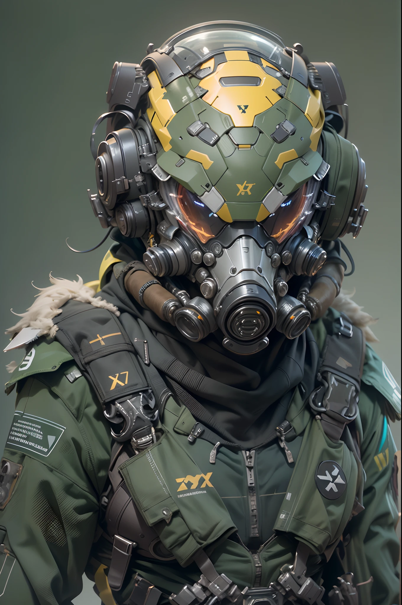 realistic predator x wearing biohazard gas mask, futuristic gas mask, mecha helmet, biohazard logo, tactical techwear, humanoid nano suit, neat and nice character design, vibrant color palette, dramatic lighting, highly detailed fur and eyes, 3D rendered illustration, high-res masterpiece:1.2, sci-fi concept art
