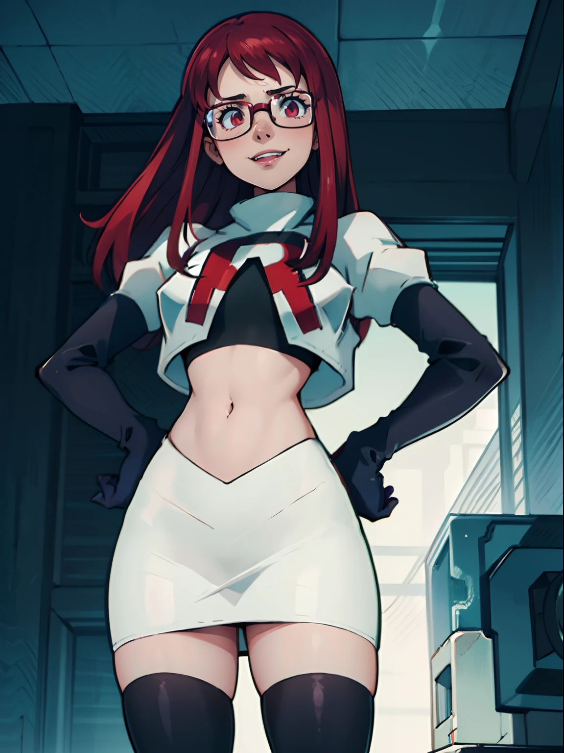 face of Yoshizawa Sumire, long hair, glasses, 1girl,team rocket,team rocket uniform, red letter R, white skirt,white crop top,black thigh-highs,black elbow gloves, looking down on you, sinister smile, hands on hips, looking at viewer, evil laugh