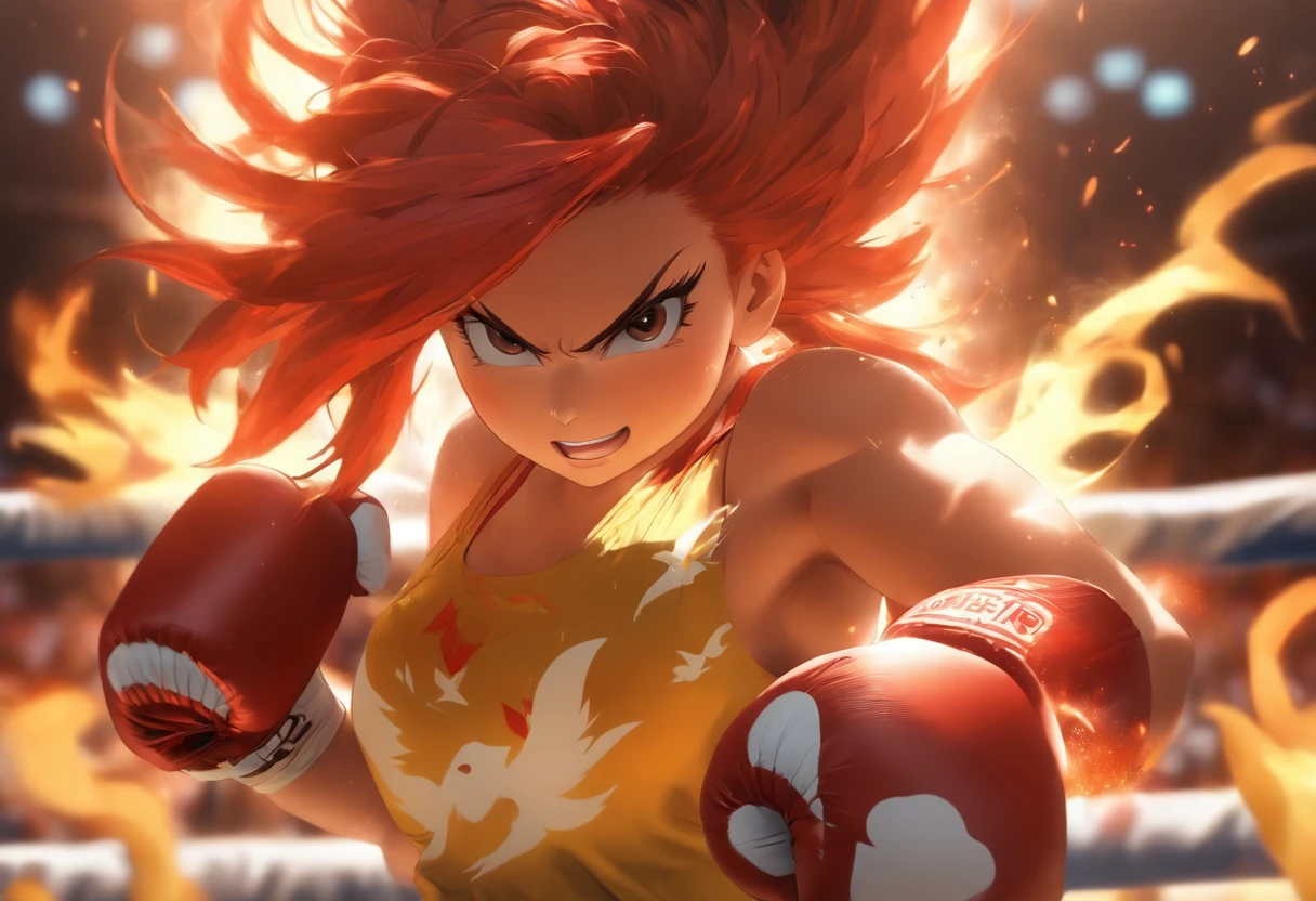 Akiko “The Phoenix” Suzuki: A young woman with long, fiery red hair tied in a high ponytail. She’s wearing boxing gloves and a determined look on her face as she stands in a modern boxing ring.teeth, missing hand, missing arm, splitting
arm, wrong anatomy, split nipples, phong
shader, bad render nipples, black and white,
fat, muscled, fitness