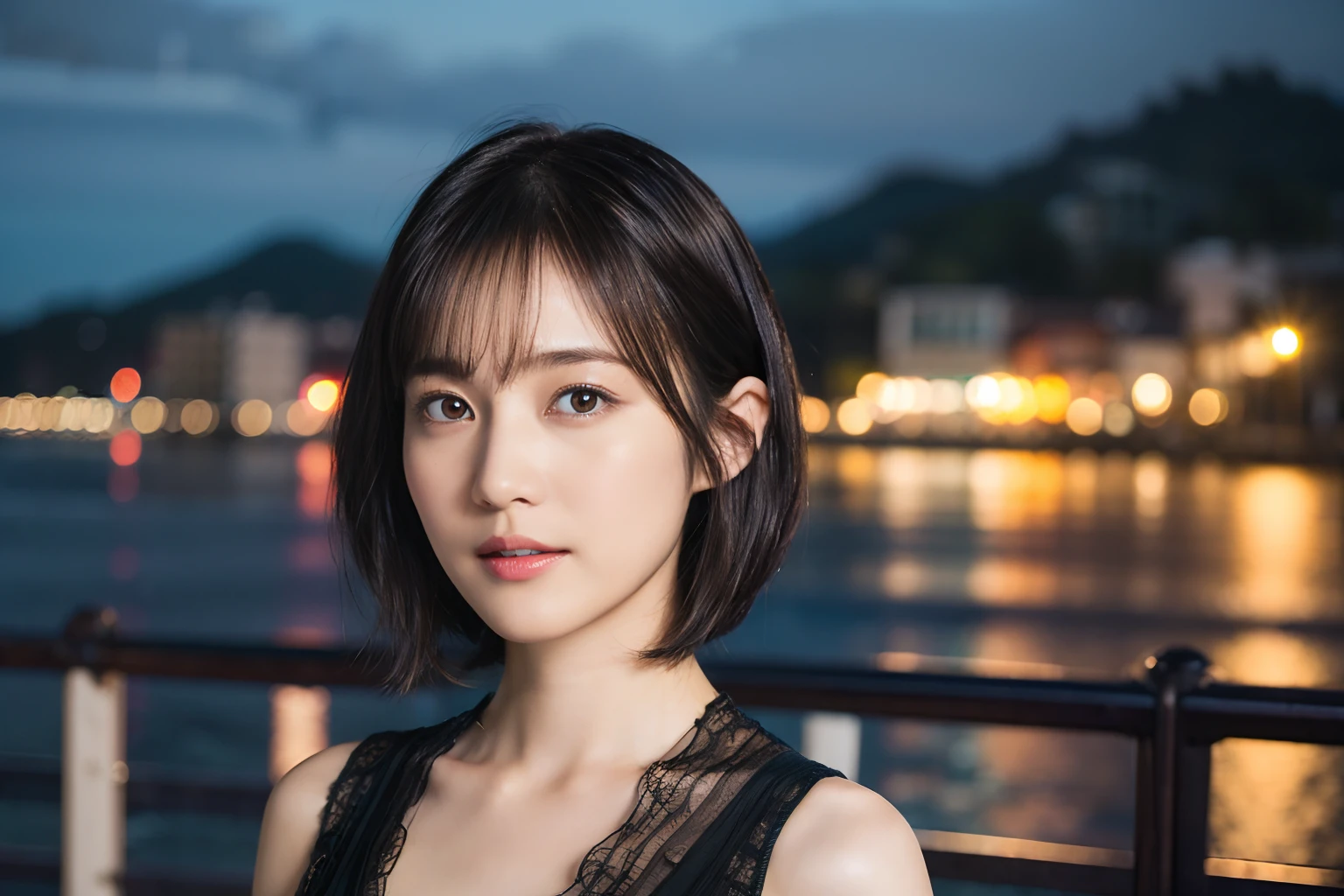 41
(Airy wavy short bob cut:1.23), (a 25yo woman), (A hyper-realistic), (masutepiece), (8KUHD), Being in the harbor at night, Medium chest