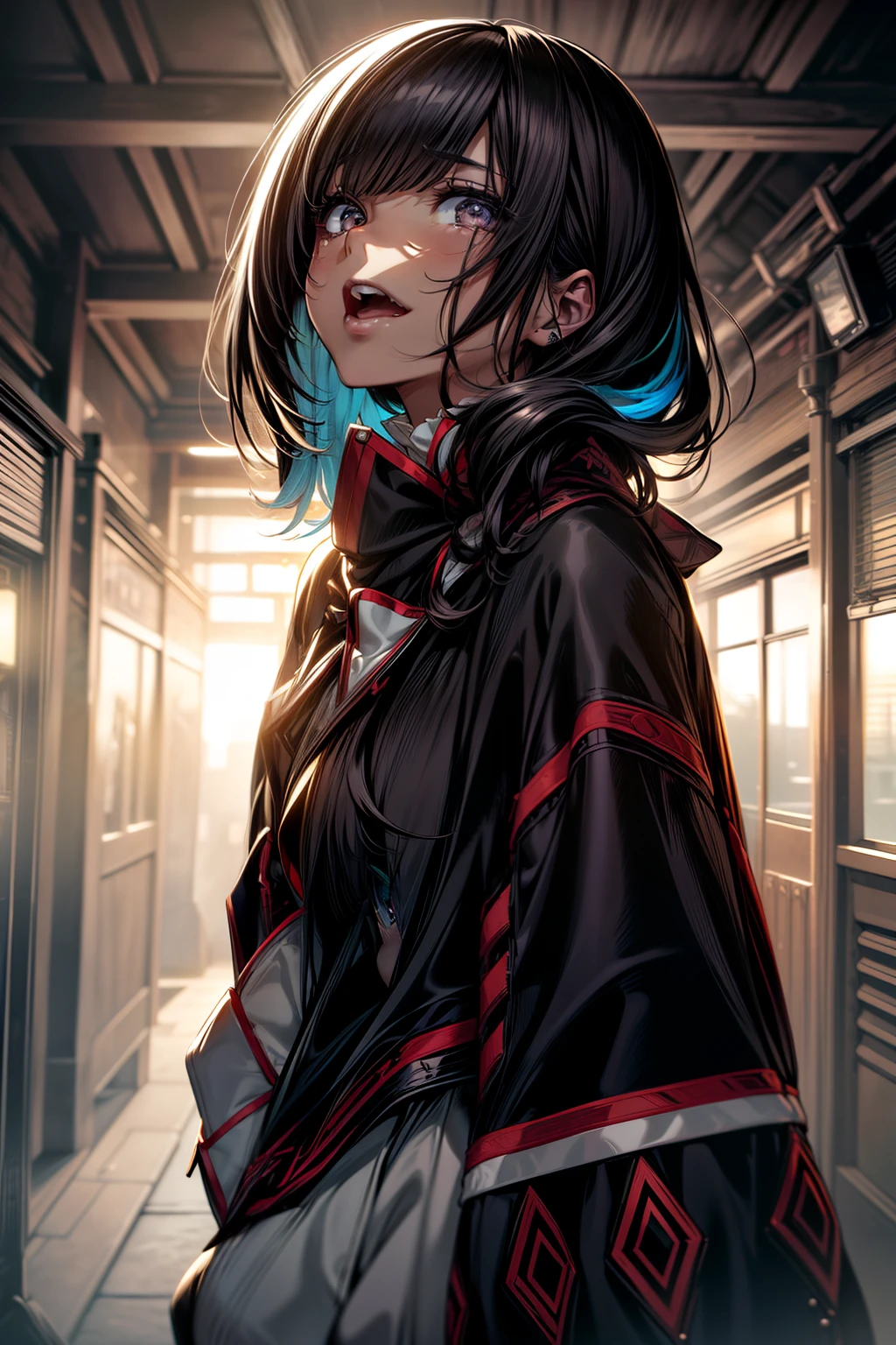 Huza、Poncho 、1girl in, hoods、Poncho、masterpiece, detailed shadow, Detailed light, ighly detailed, top-quality, hard disk, 4K, hightquality,细节、Acoustic guitar in hand、Ahegao , Silly,Sexual ecstasy,Drunken eyes,Blunt bangs, Black hair,(masutepiece:1.2, Best Quality), (finely detailed beautiful eye: 1.2), (Detailed background,Dark Fantasy), (beautifull detailed face), High contrast, (Best Illumination, extremely delicate and beautiful), ((Cinematic Light)), Colorful, Hyper Detail, Dramatic light, Intricate details,Full body、A dark-haired、Ahegao ( Silly / Sexual ecstasy)、Cross-eyed、Stranger、View other people、Blunt bangs、 over-kneehighs,Ahegao , Silly,Sexual ecstasy,Drunken eyes,Blunt bangs,,(masutepiece:1.2, Best Quality), (finely detailed beautiful eye: 1.2), (Detailed background,Dark Fantasy), (beautifull detailed face), High contrast, (Best Illumination, extremely delicate and beautiful), ((Cinematic Light)), Colorful, Hyper Detail, Dramatic light, Intricate details,
