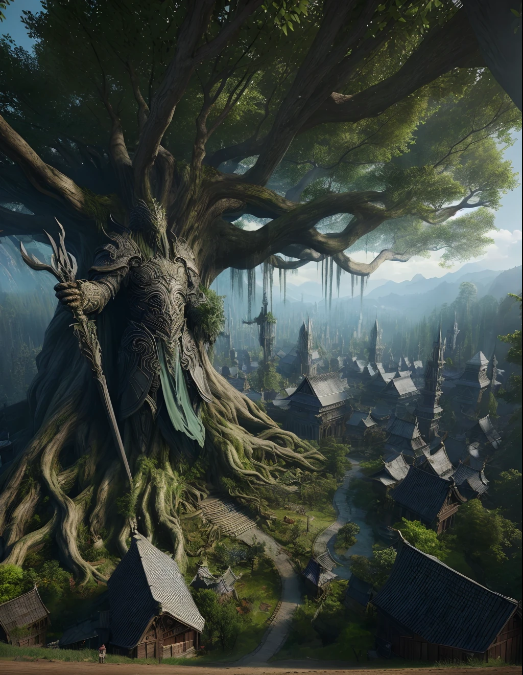 best quality, 4k, highres, detailed, realistic, the canopy of the big tree