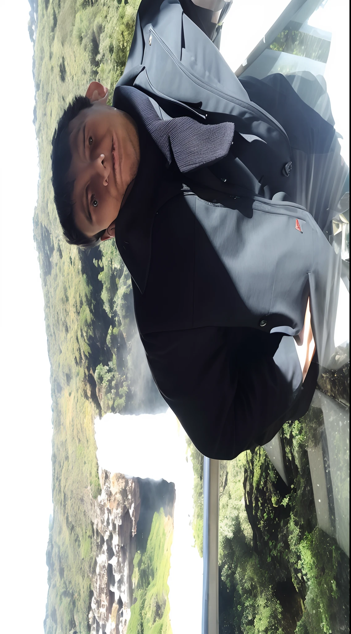 There's a man in a suit standing on a bridge, david rios ferreira, standing near a waterfall, com montanhas ao fundo, em frente a uma montanha, icaro carvalho, imagem de qualidade muito baixa, nas montanhas, em frente a uma cachoeira, cachoeiras ao fundo, standing in a grotto, caio santos, Moutain no fundo