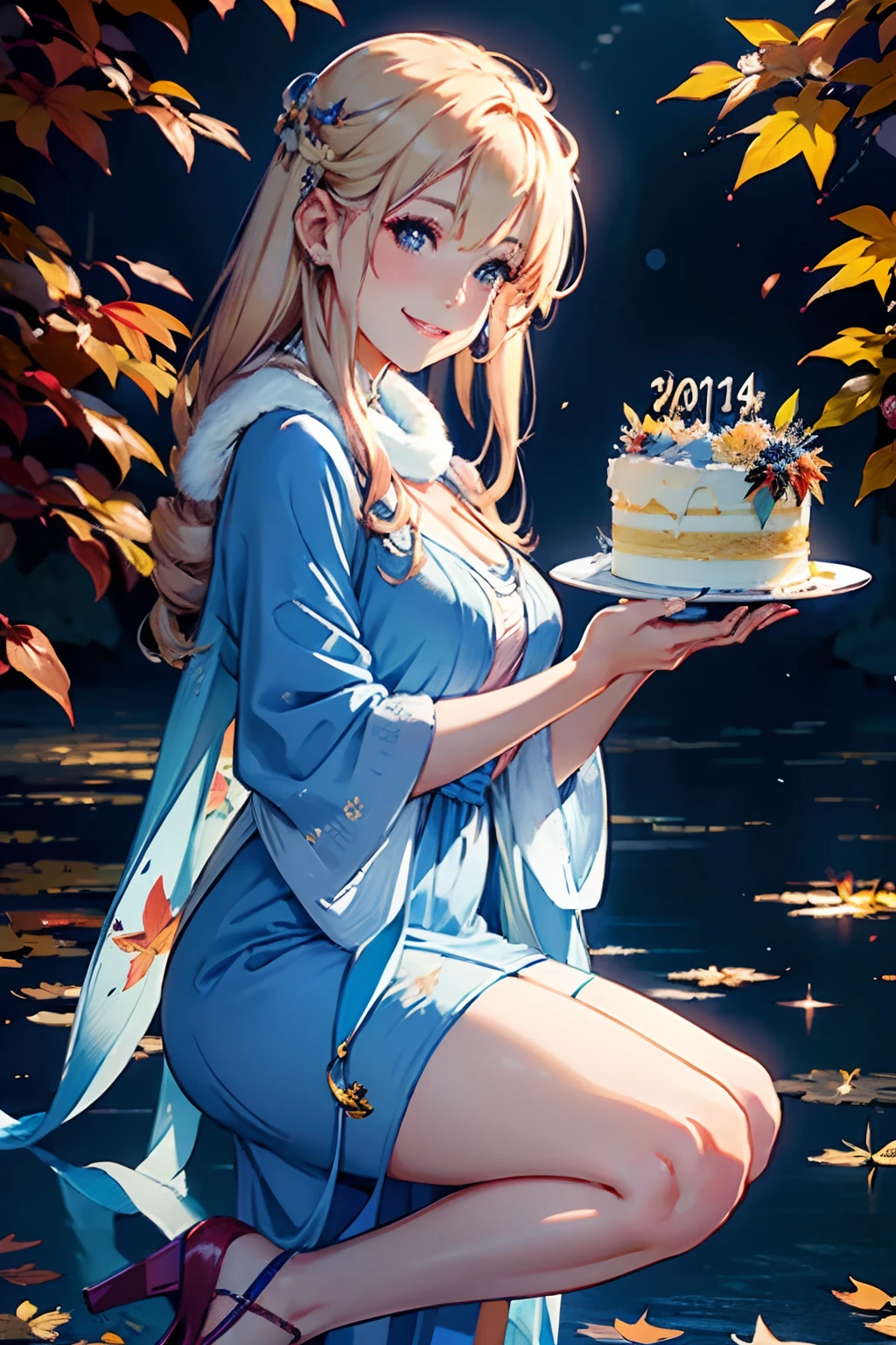 A sweet noble lady who is smiling with her teeth,Holding a large birthday cake in both hands,Close-up of the whole body on the front,From head to knee,Light yellow hair,Blue pupils,White stuffed mink shawl over the shoulders,Wearing a dark blue dress,Autumn leaves in the background。