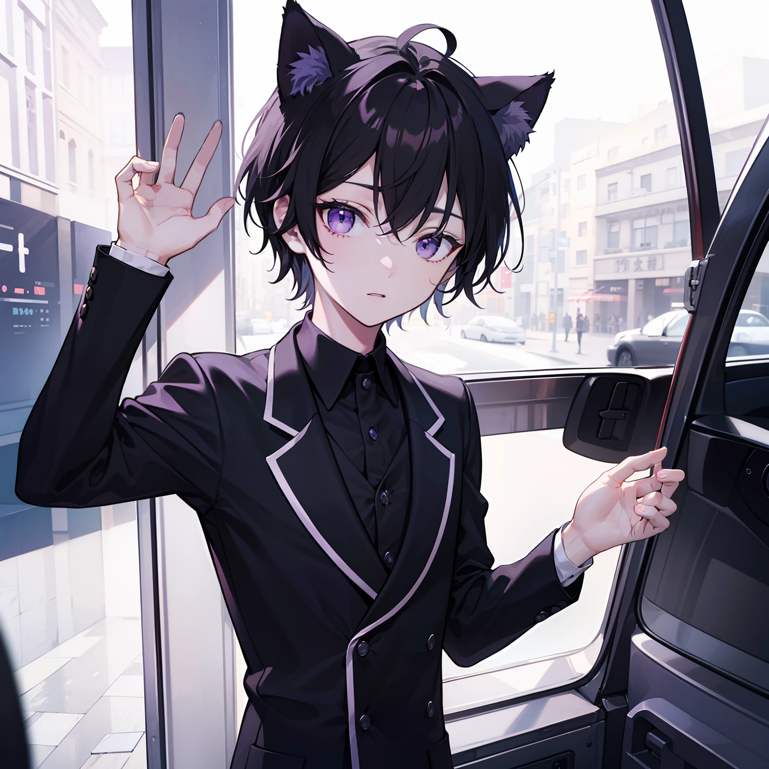 Black suit、1 boy、Purple eyes, delicate HD, High resolution, More delicate,cat ear、