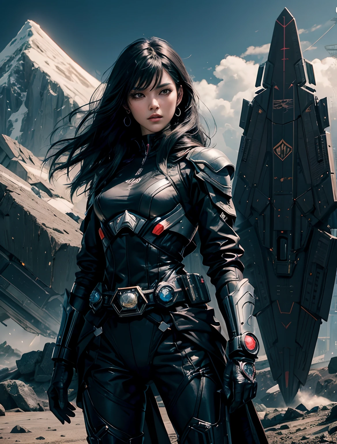 Beautuful Women. Black hair. He wears a black combat suit, He wears something like a Kamen Rider transformation belt around his waist.. Behind her is a small triangular spaceship. The spacecraft is anchored on the mountainside. 8K image quality. cyberpunked.