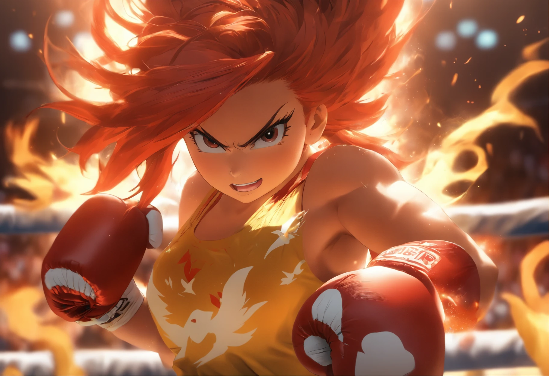 Akiko “The Phoenix” Suzuki: A young woman with long, fiery red hair tied in a high ponytail. She’s wearing boxing gloves and a determined look on her face as she stands in a modern boxing ring.teeth, missing hand, missing arm, splitting
arm, wrong anatomy, split nipples, phong
shader, bad render nipples, black and white,
fat, muscled, fitness