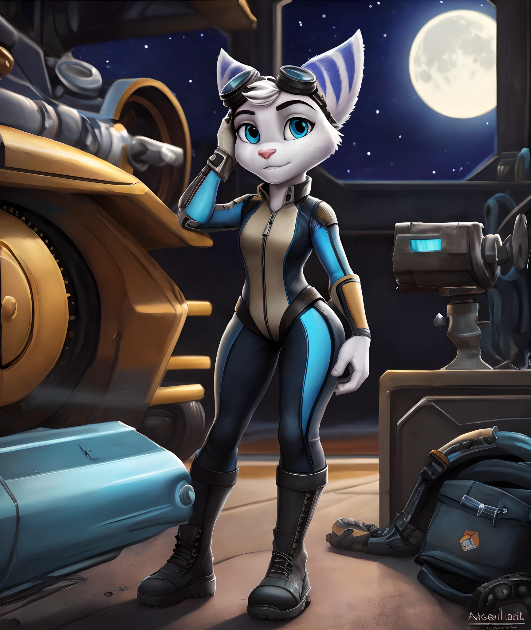 [rivet], [ratchet and clank], [Uploaded to e621.net; (mayosplash), (Pixelsketcher), (fluttershythekind)], ((masterpiece)), ((HD)), ((high quality)), ((solo portrait)), ((front view)), ((full body)), ((shoes visible)), ((furry; antrho)), ((detailed fur)), ((detailed shading)), ((beautiful render art)), ((cel shading)), {anthro lombax; (slim figure), grey fur, pink nose, pointed ears, (cute round blue eyes), (half-closed eyes), (short eyelashes), (gorgeous hips), (beautiful legs), (expressionless)}, {(blue skintight zip-up bodysuit grey lining), (yellow prosthetic right arm), (black work boots), (goggles on head)}, {(standing), (hand on head), (looking ahead)}, [background; (mechanic shop), (gears and machinery), (starry sky), (full moon), (ambient lighting)]