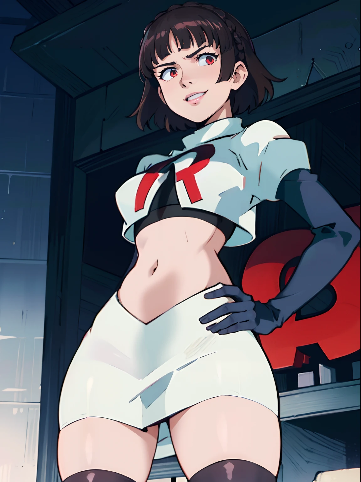 face of makoto nijima, blunt bangs, braid, brown hair, crown braid,1girl,team rocket,team rocket uniform, red letter R, white skirt,white crop top,black thigh-highs,black elbow gloves, looking down on you, sinister smile, hands on hips, looking at viewer, evil laugh