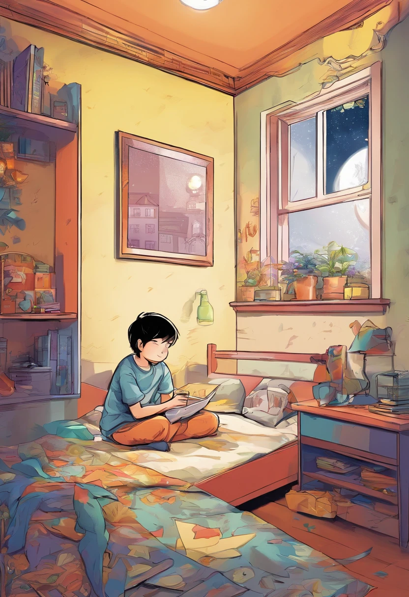 Fotorrealista,stickfigure,anime big breast,Cute little boy,(natta,Moonlight poured in from the little boy's bedroom window,Illuminated a corner of the room)