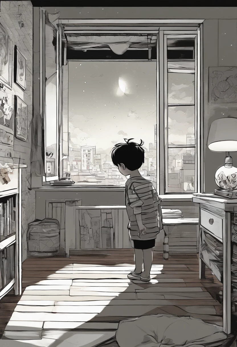 Fotorrealista,stickfigure,anime big breast,,(natta,Moonlight poured in from the little boy's bewindow,Illuminated a corner of the room)