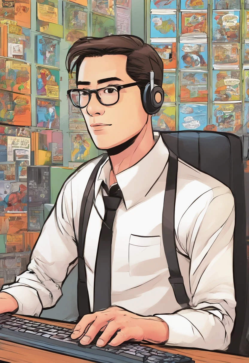 A business salaryman in his 30s is operating a computer。